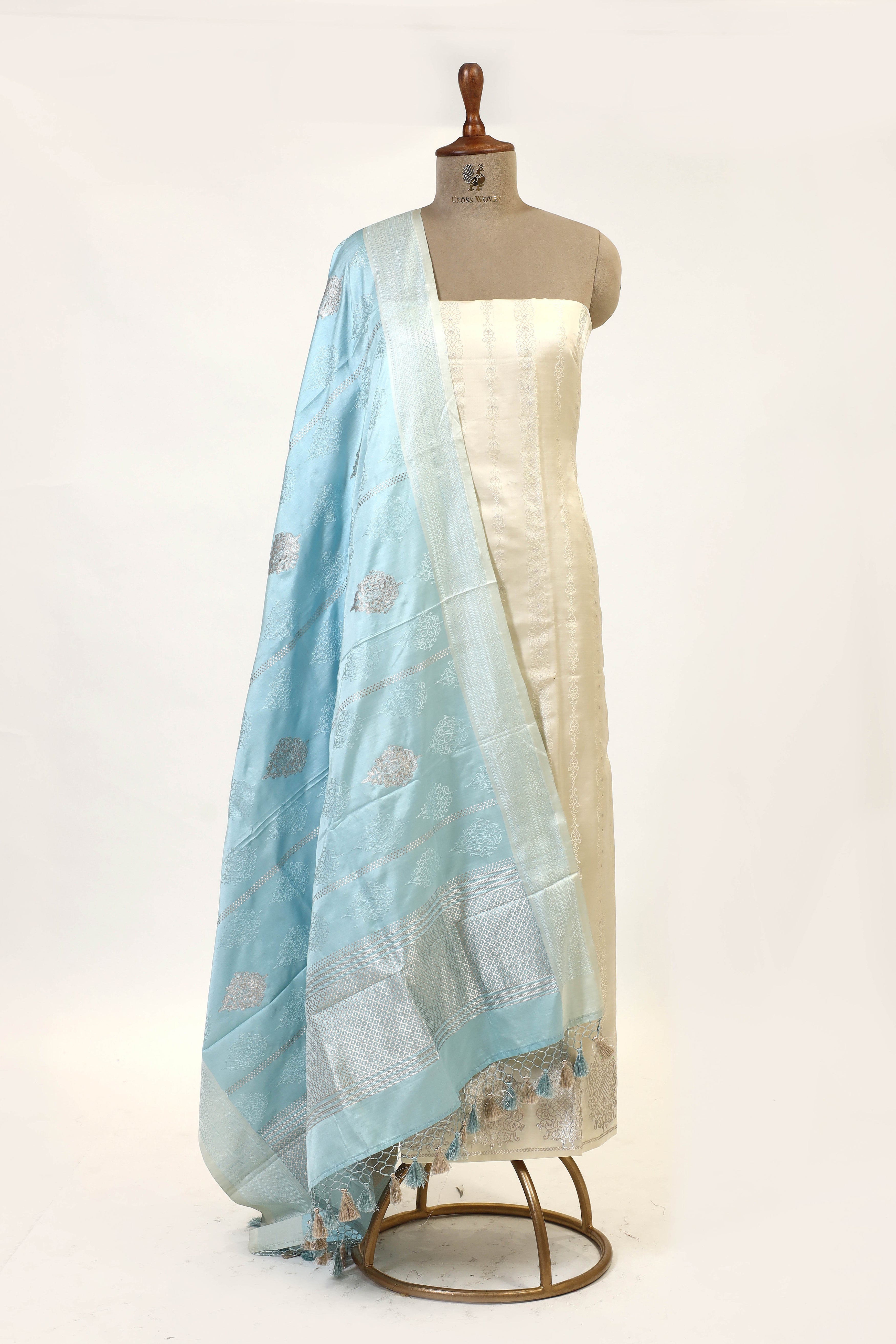 Ivory Banarasi Tanchoi Silk Suit Set With Light Blue Dupatta