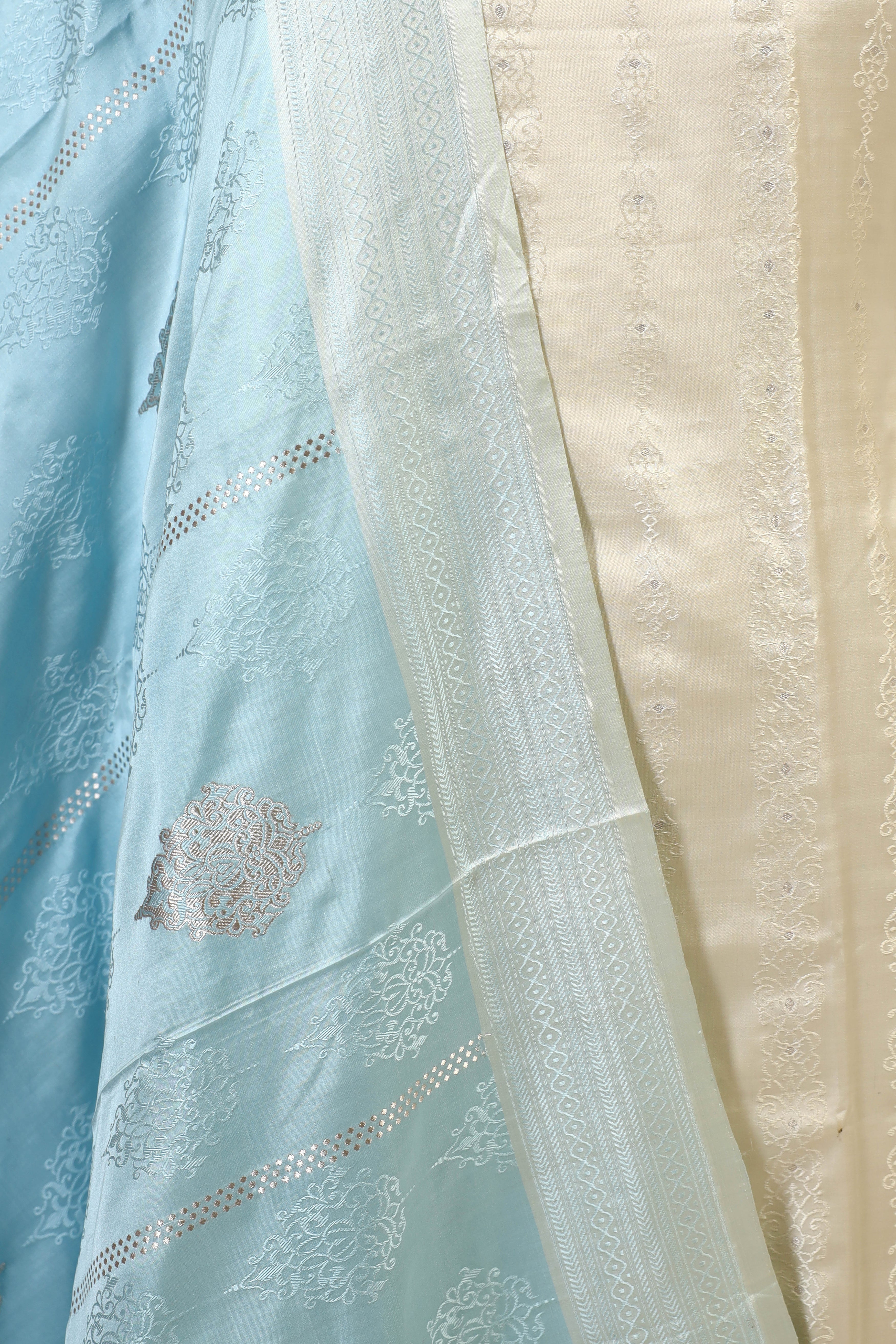 Ivory Banarasi Tanchoi Silk Suit Set With Light Blue Dupatta