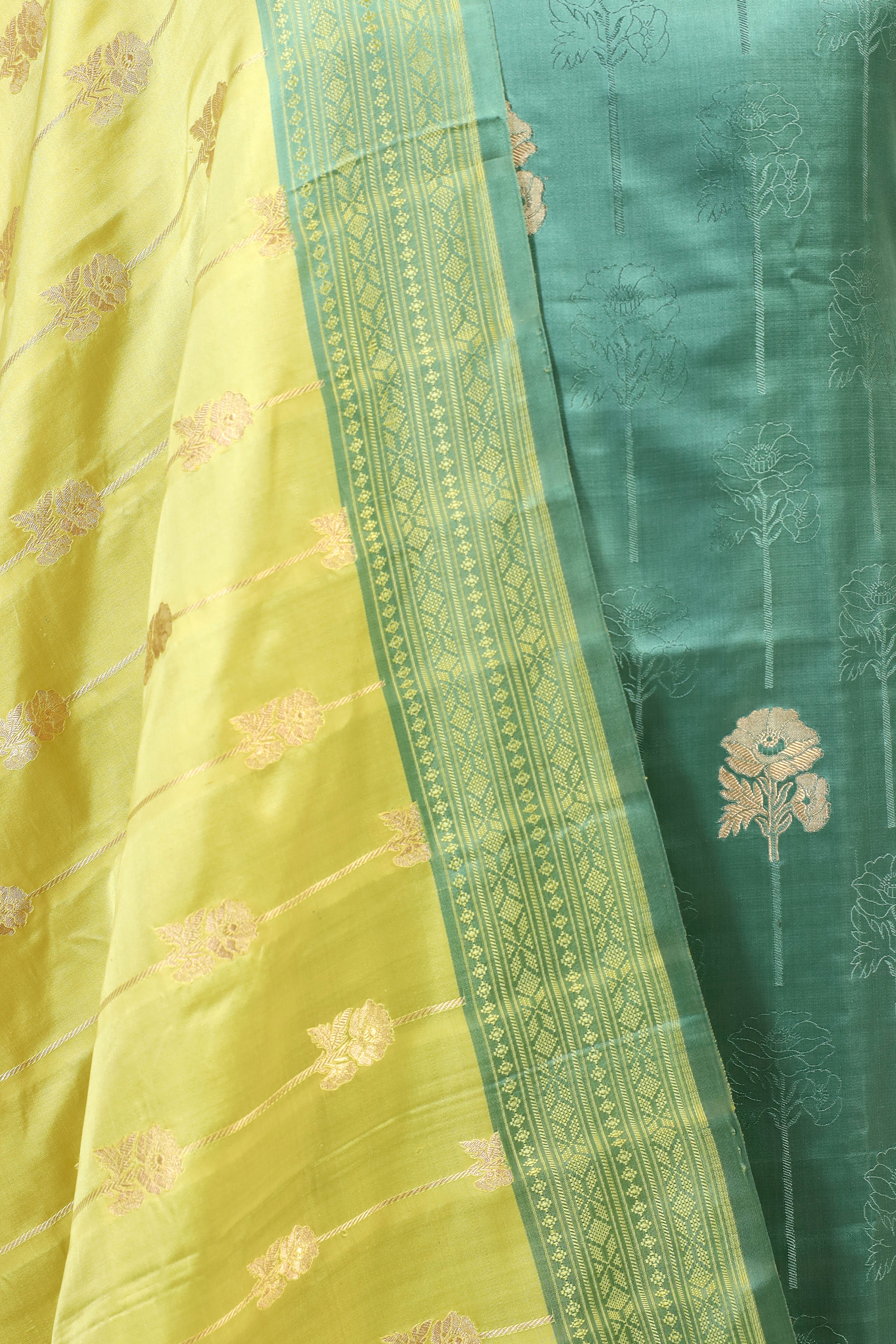 Teal Green Banarasi Tanchoi Silk Suit Set With Lime Green Dupatta