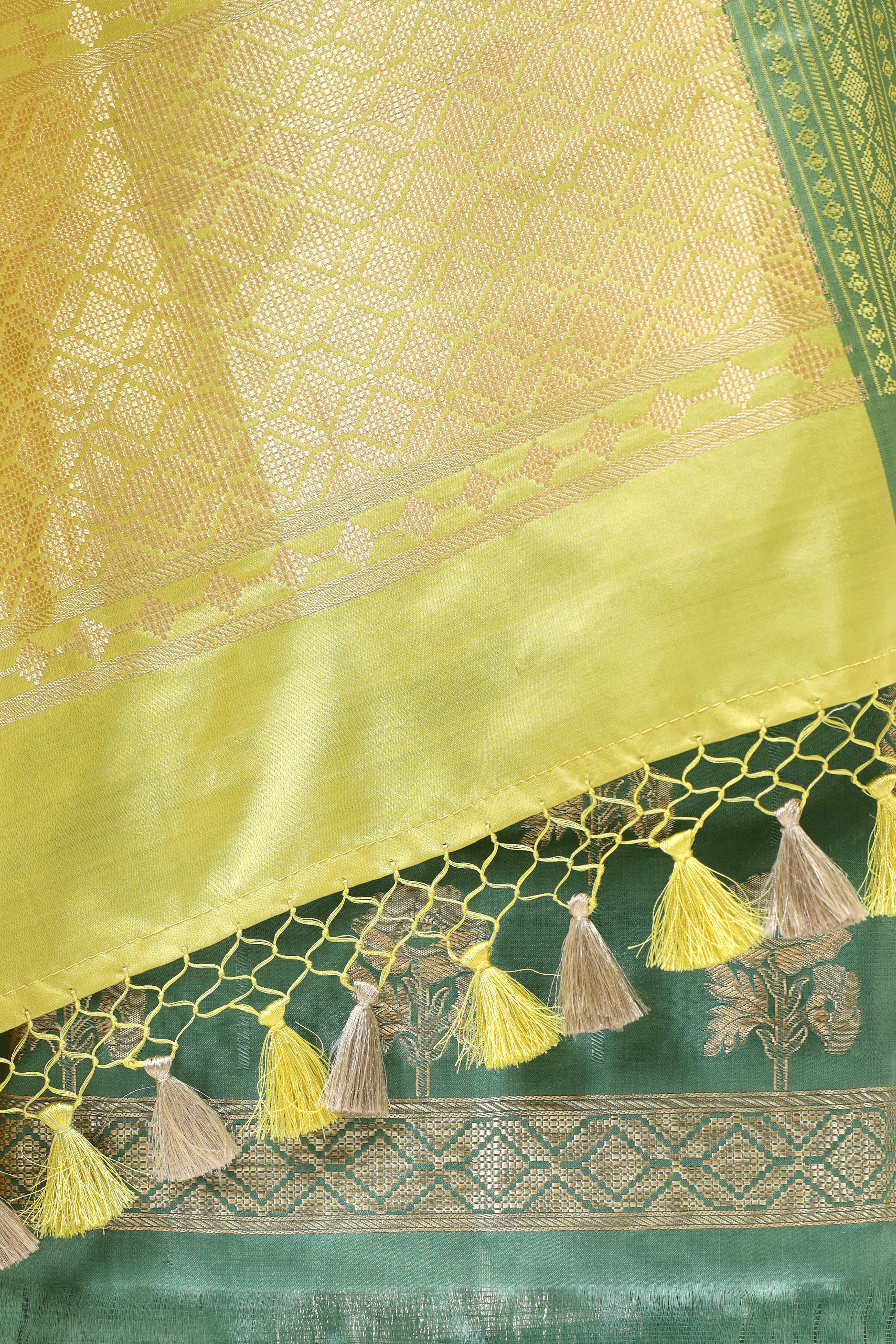 Teal Green Banarasi Tanchoi Silk Suit Set With Lime Green Dupatta