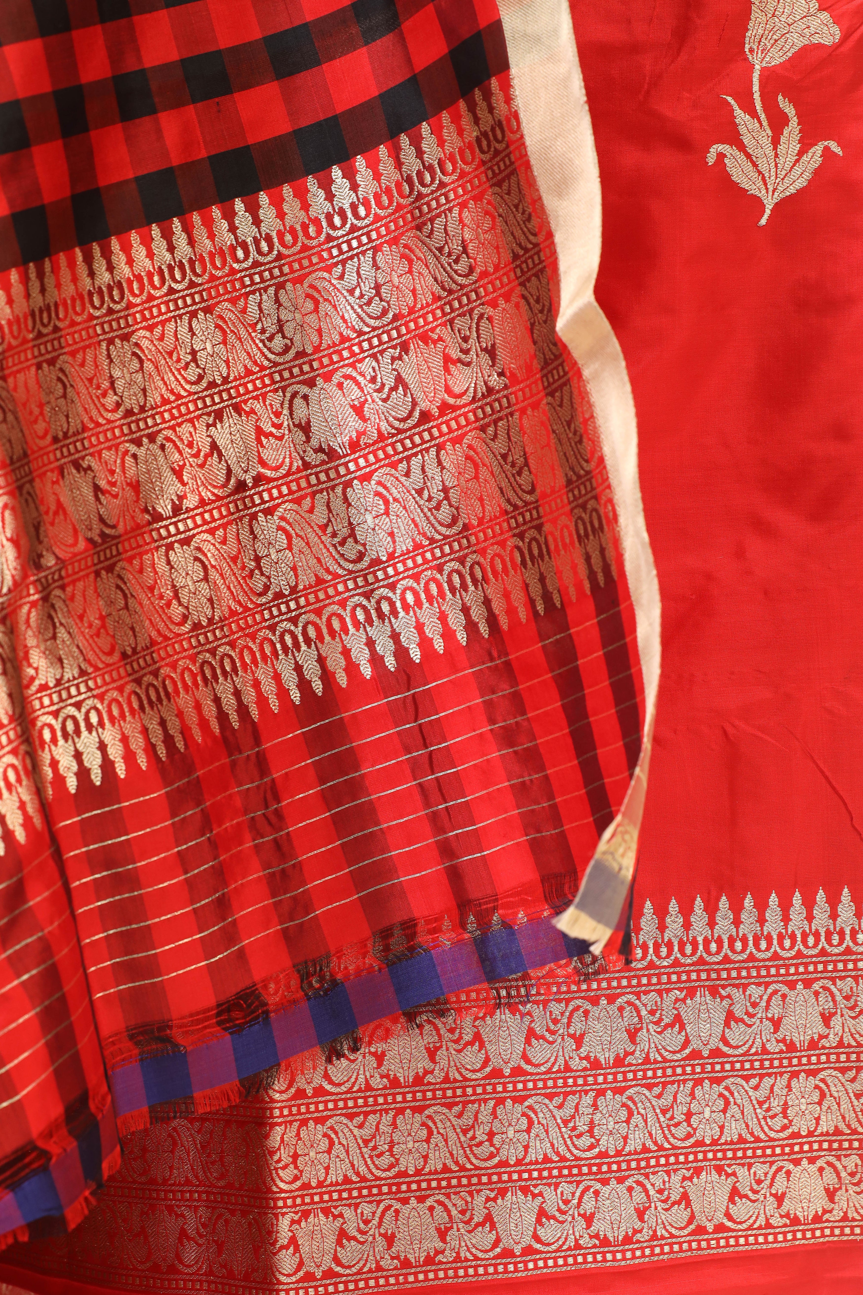 Red Katan Silk Suit Set With Checkered Pattern Dupatta