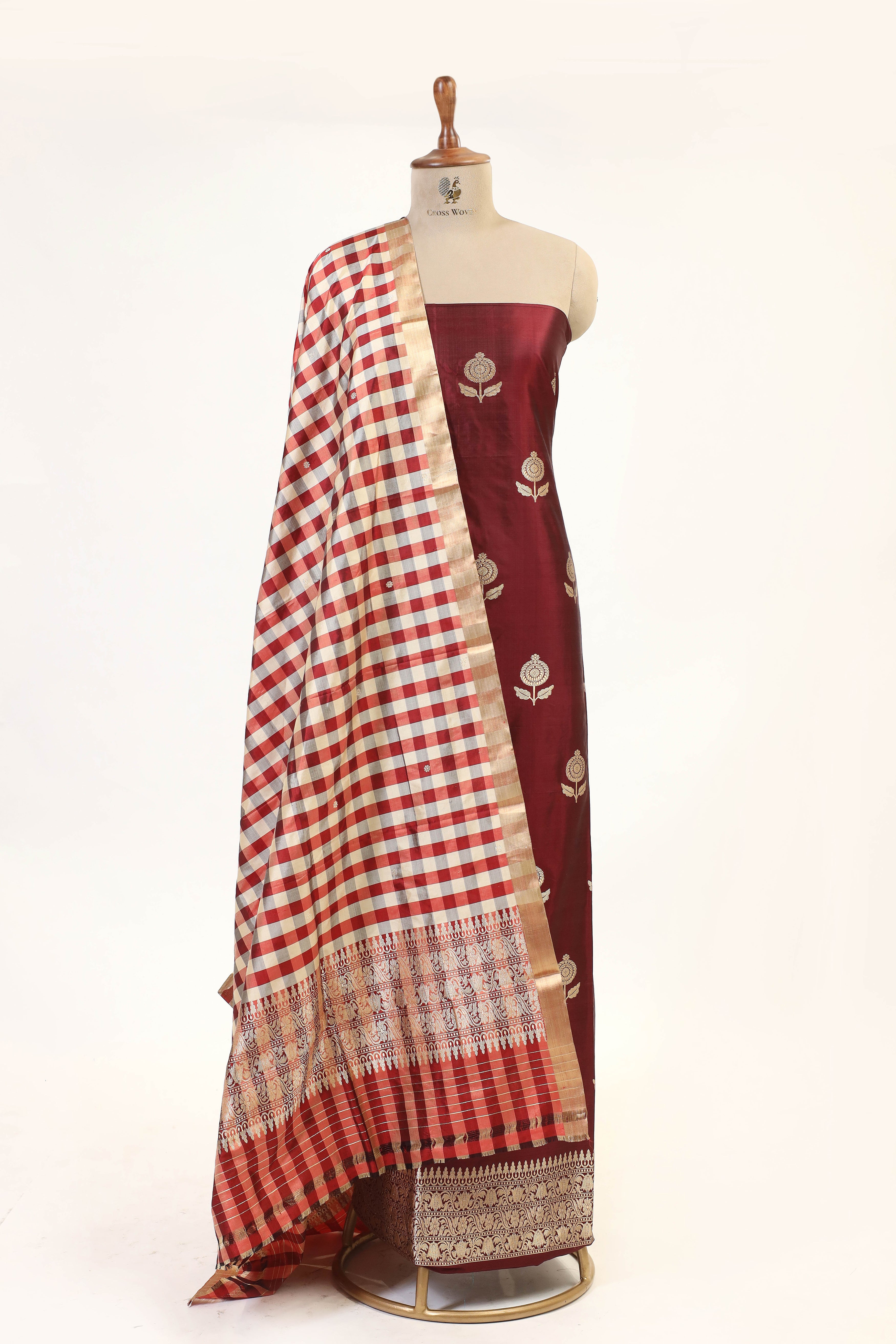 Maroon Katan Silk Suit Set With Checkered Pattern Dupatta