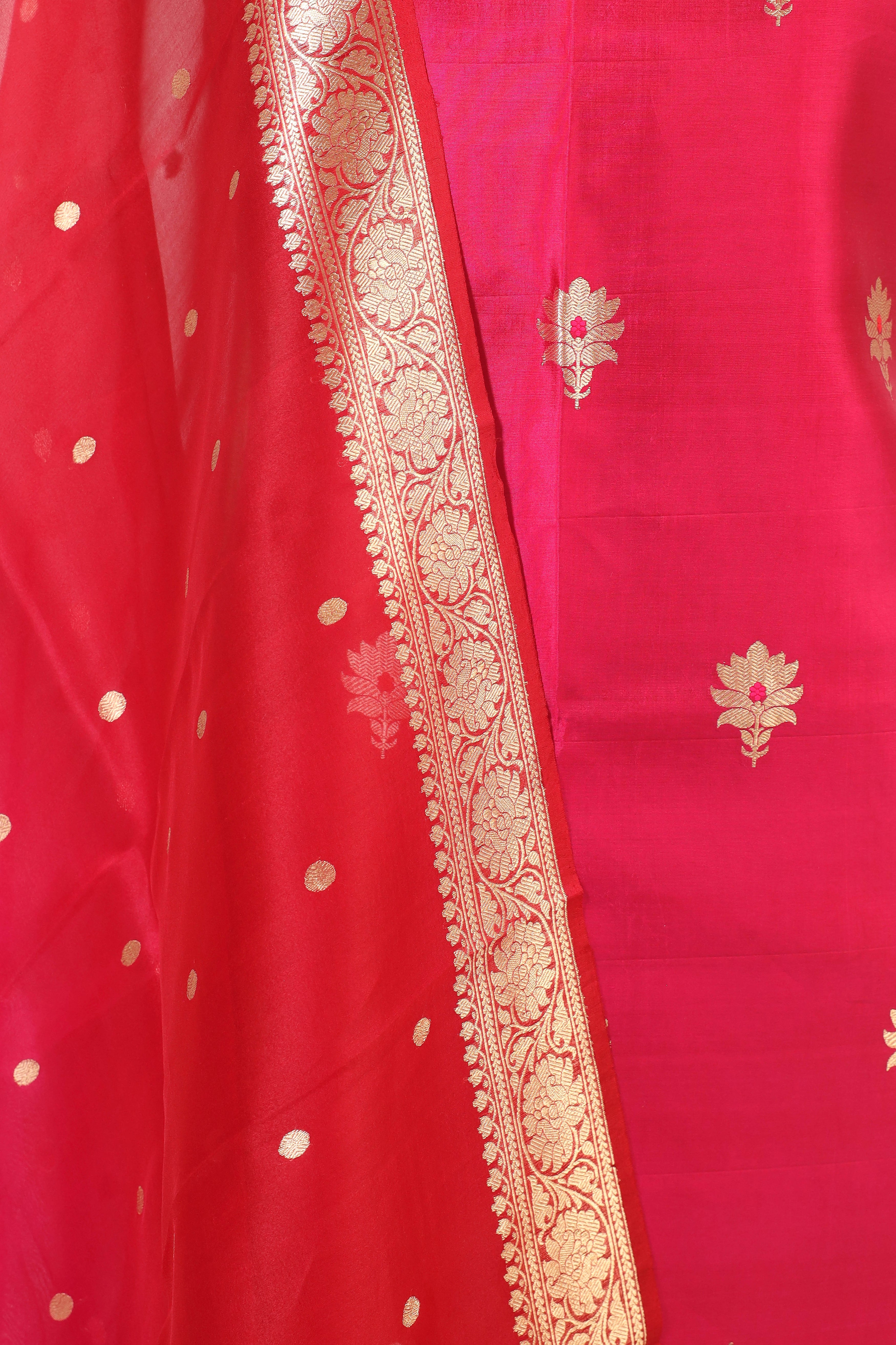 Rani Pink Banarasi Soft Silk Suit Set With Shaded Organza Dupatta