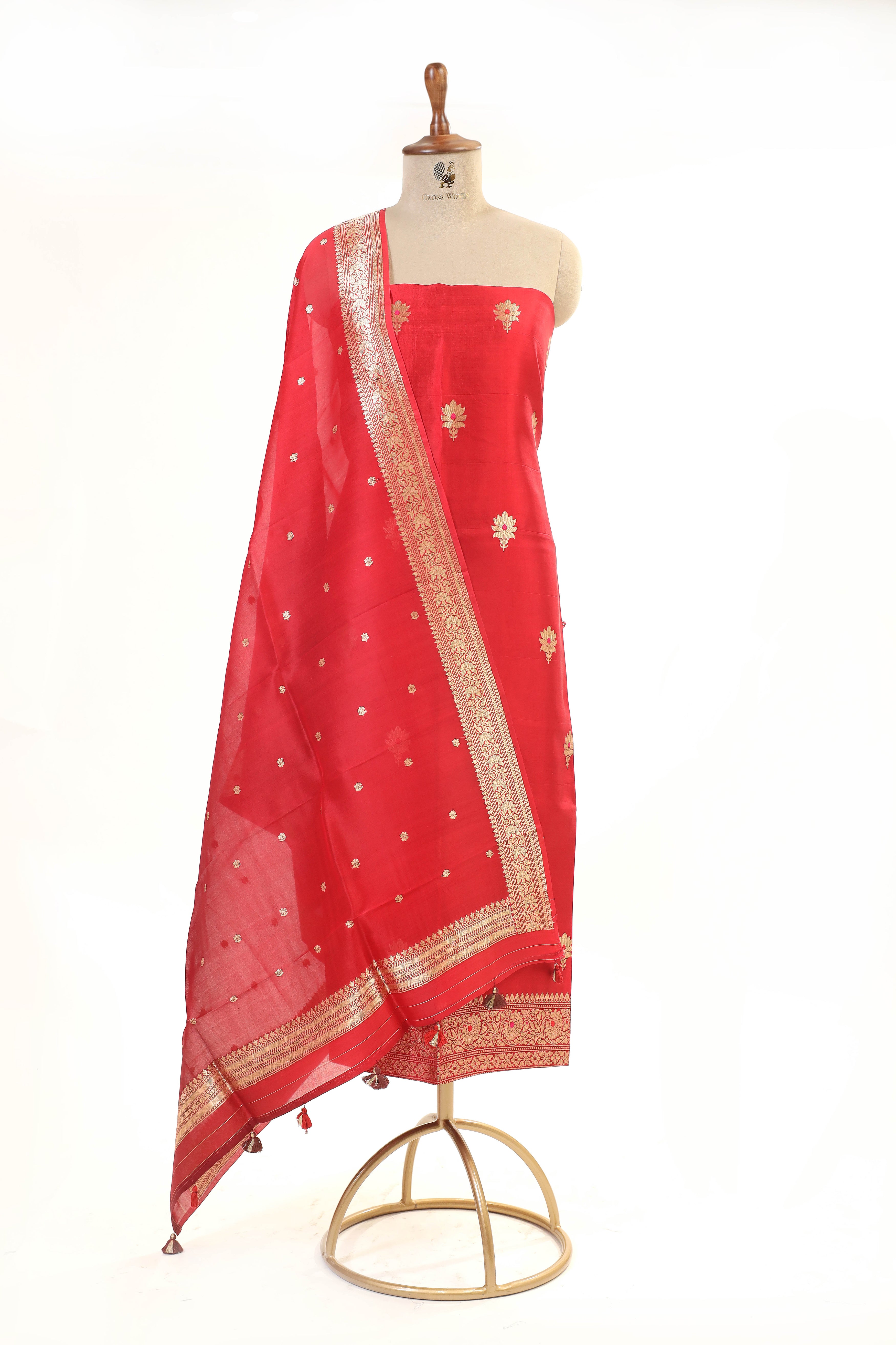 Red Banarasi Soft Silk Suit Set With Meenakari Booti And Organza Dupatta