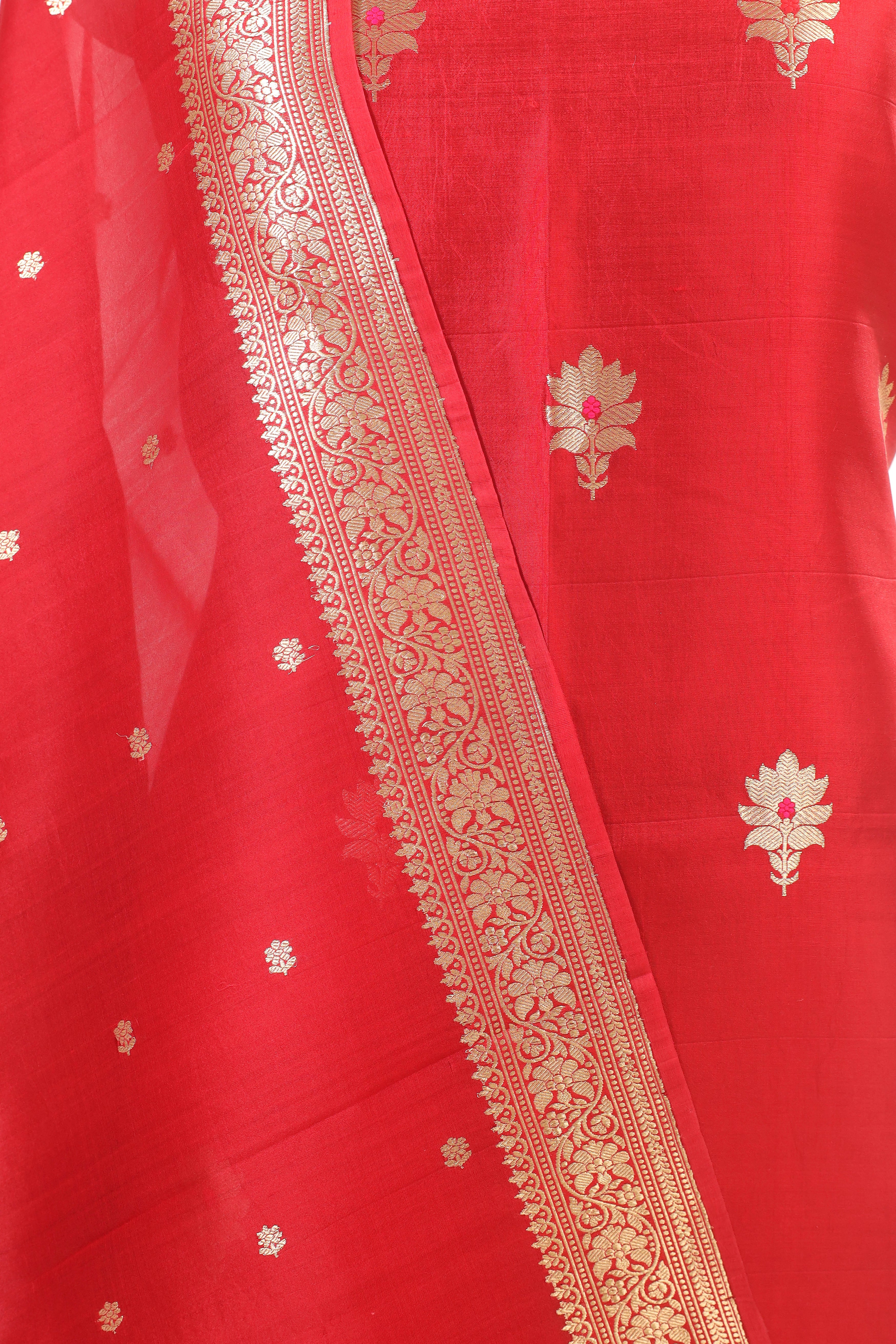 Red Banarasi Soft Silk Suit Set With Meenakari Booti And Organza Dupatta