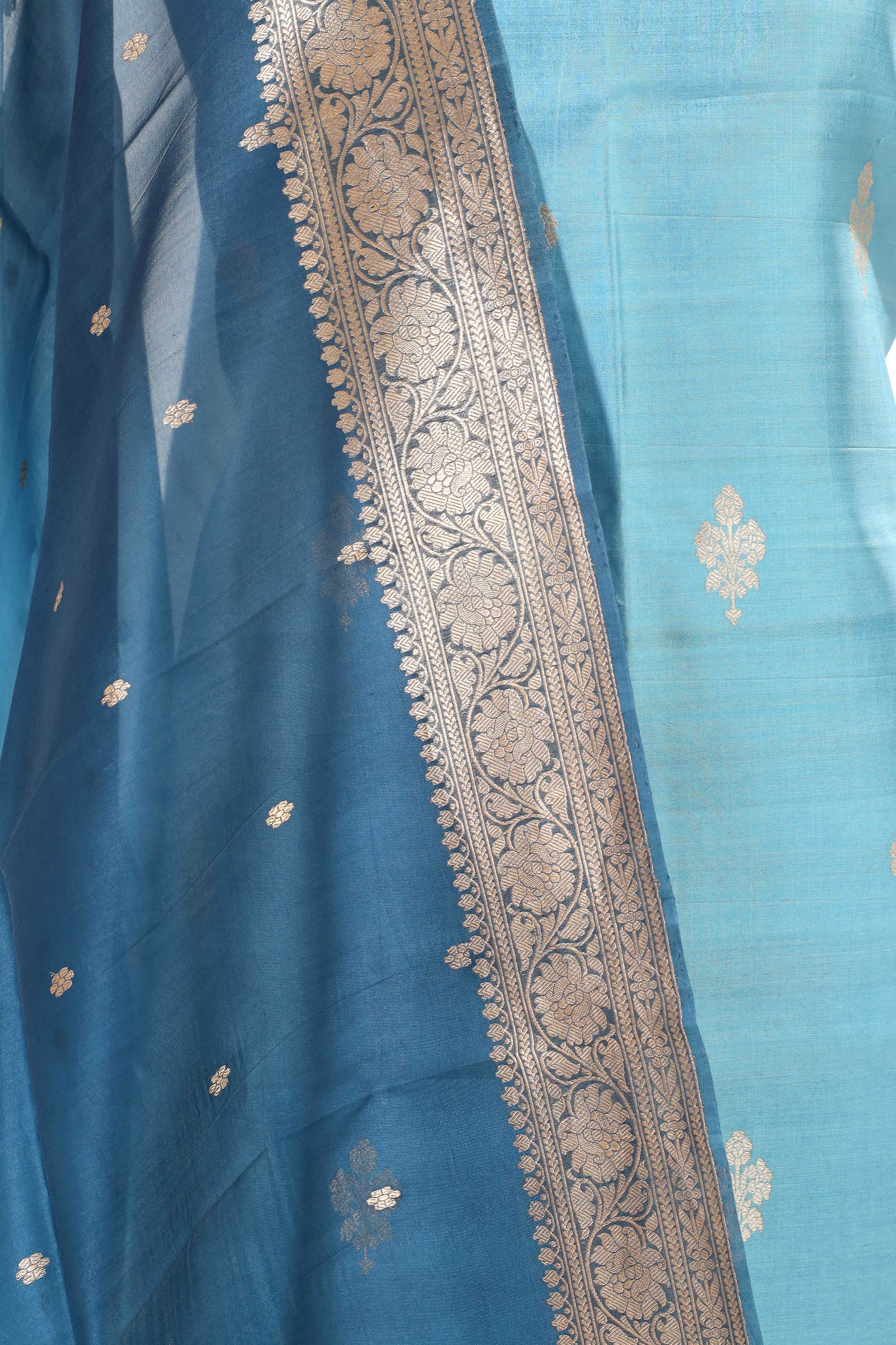 Sky Blue Banarasi Soft Silk Suit Set With Shaded Organza Dupatta