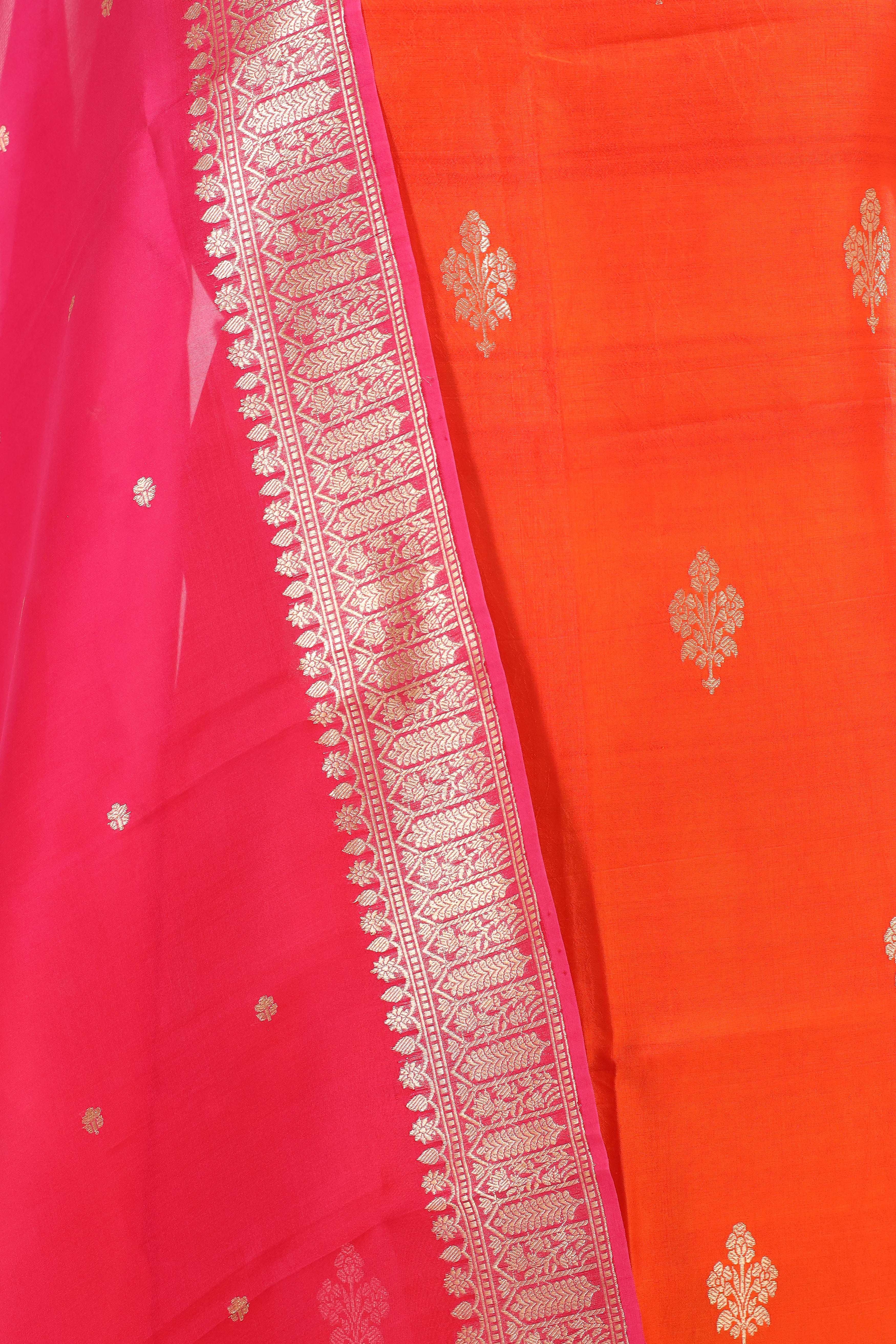 Orange Banarasi Soft Silk Suit Set With Floral Booti And Shaded Organza Dupatta