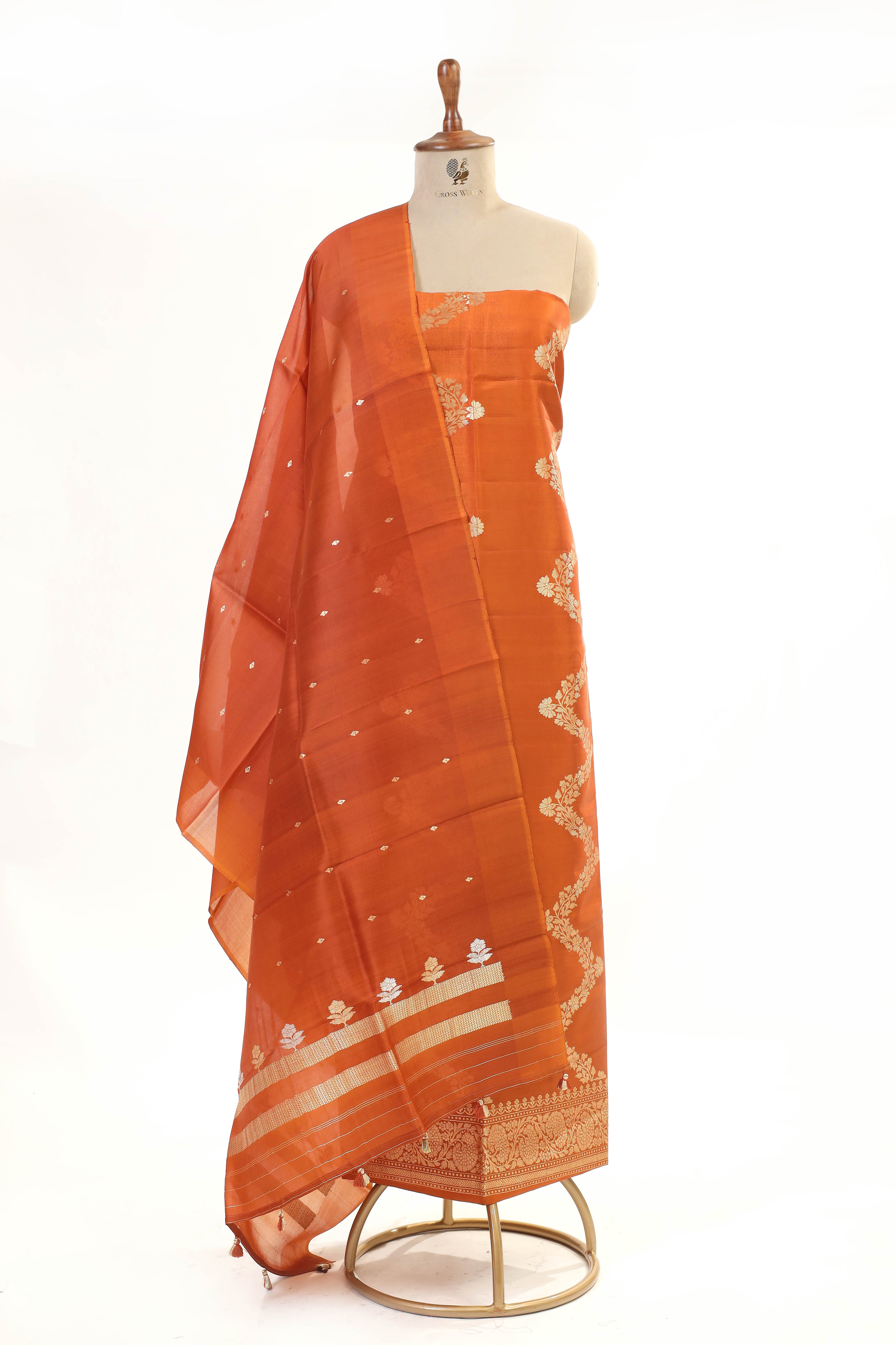 Burnt Orange Banarasi Soft Silk Suit Set With Organza Dupatta