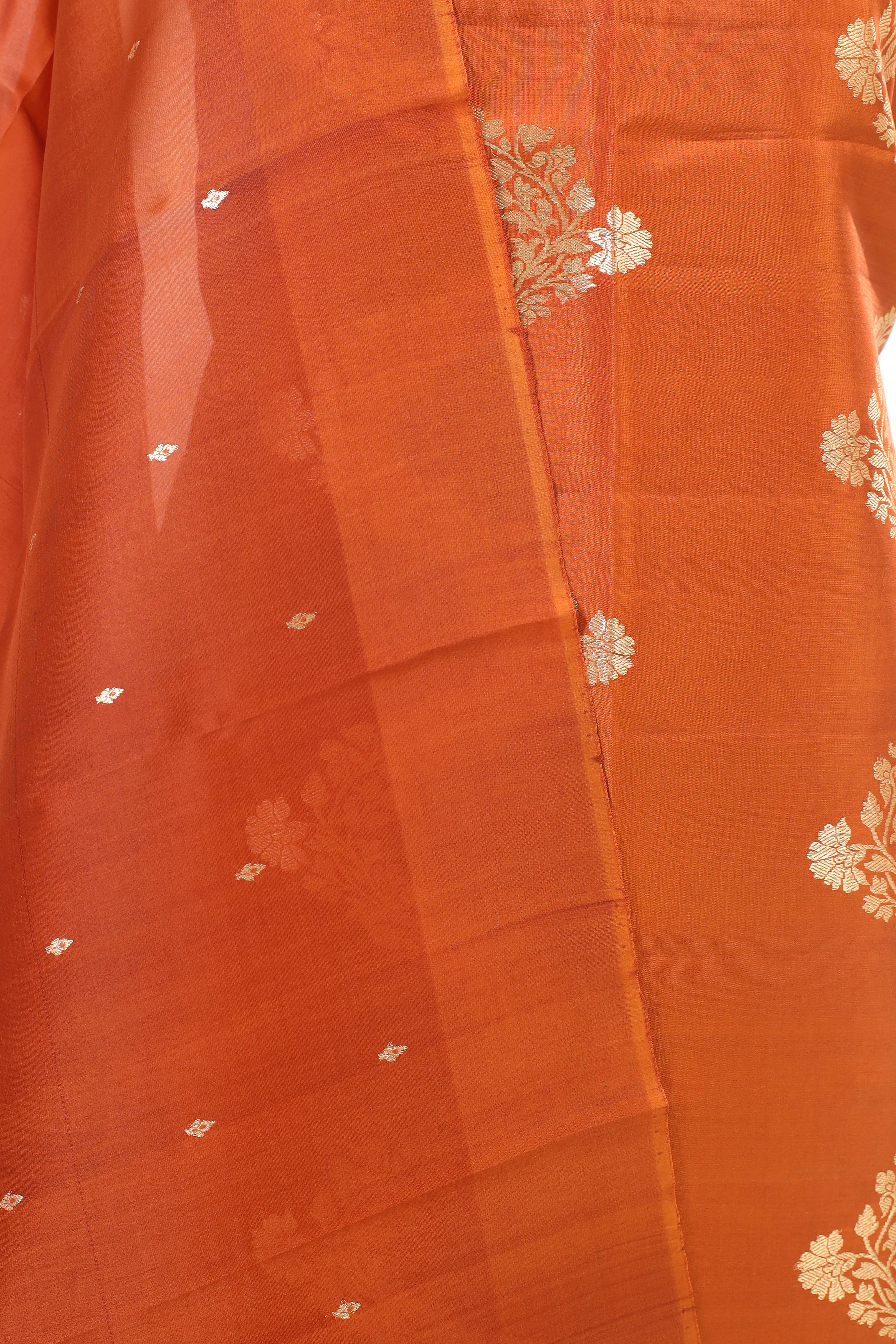 Burnt Orange Banarasi Soft Silk Suit Set With Organza Dupatta