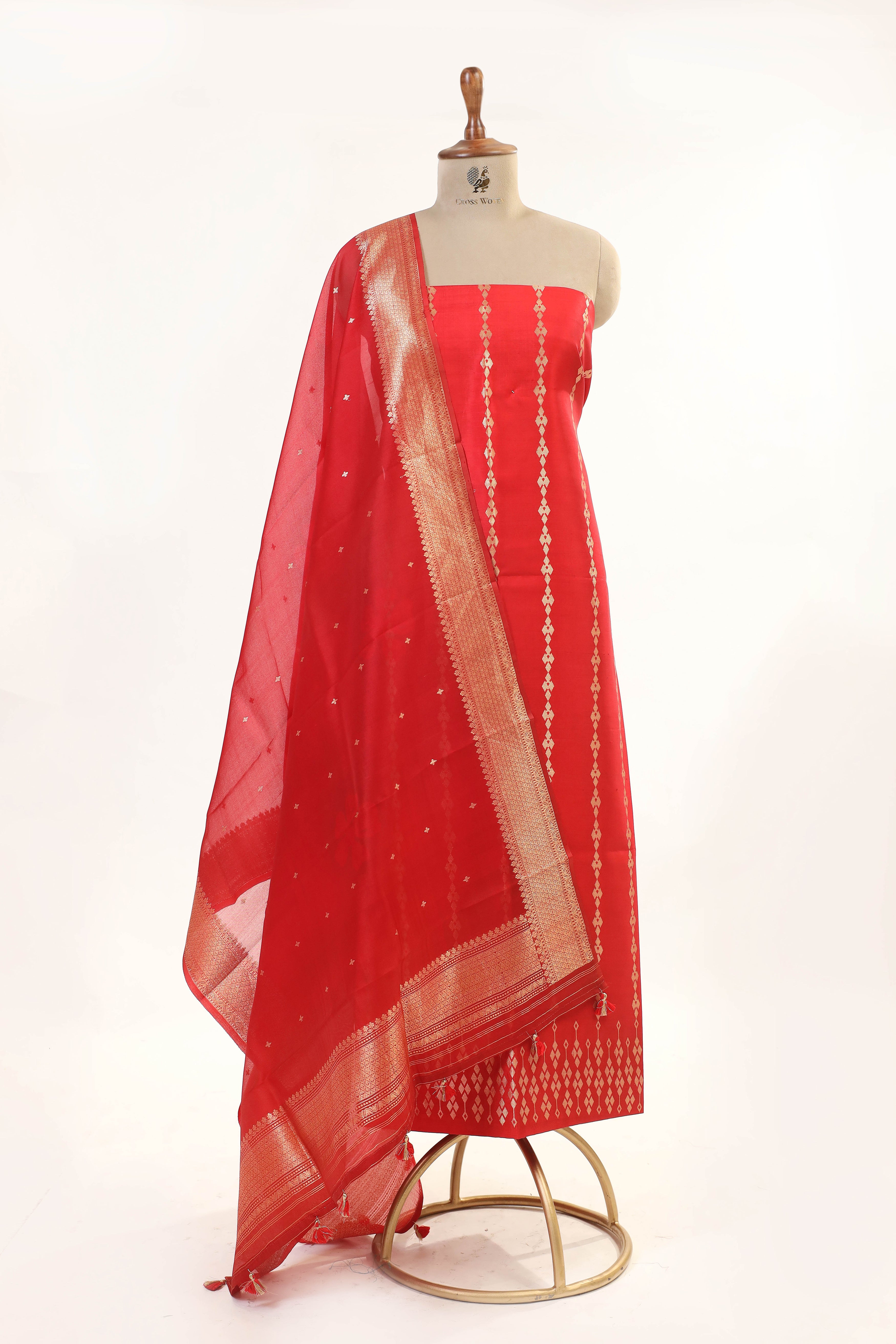 Red Banarasi Soft Silk Suit Set With Organza Dupatta