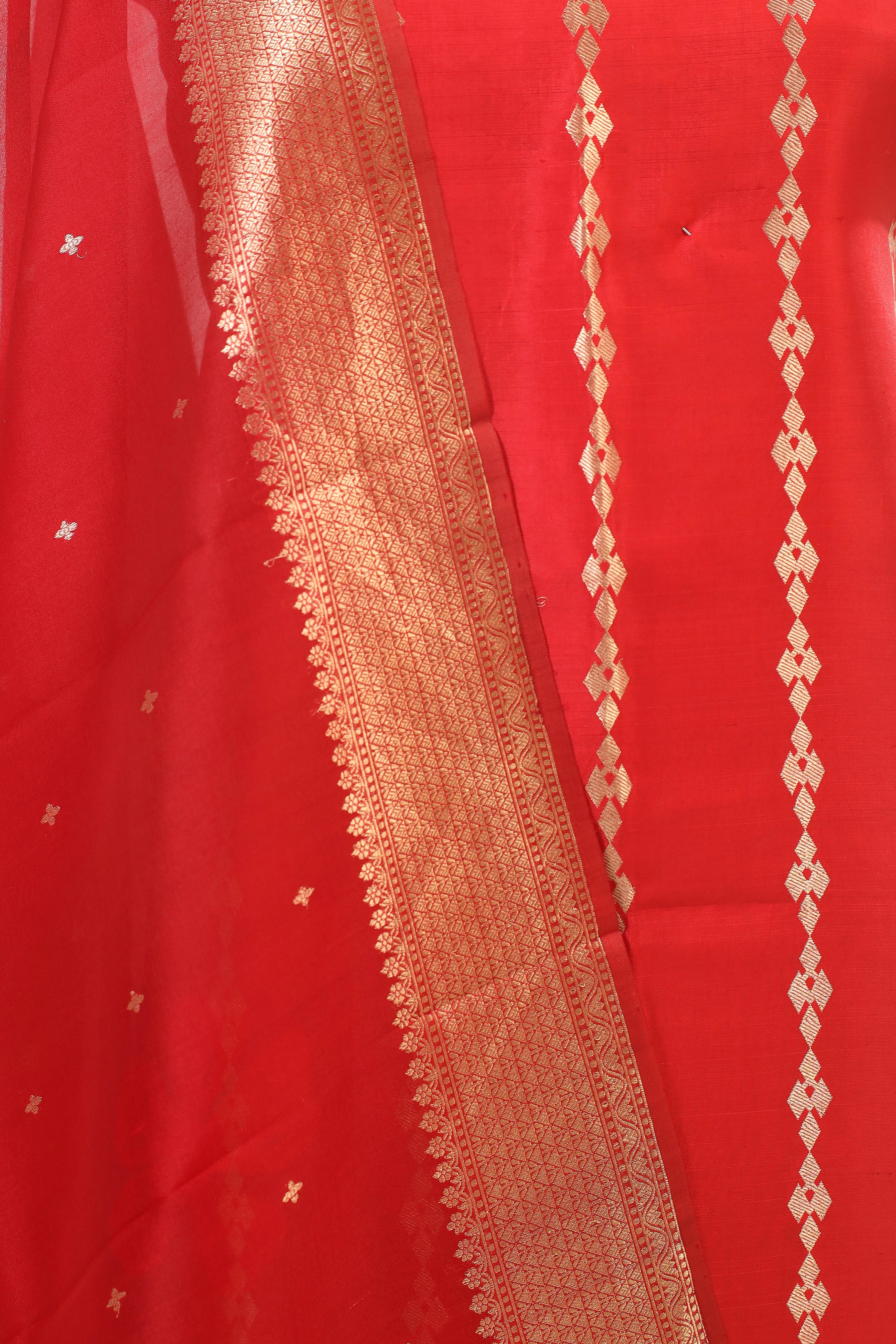 Red Banarasi Soft Silk Suit Set With Organza Dupatta