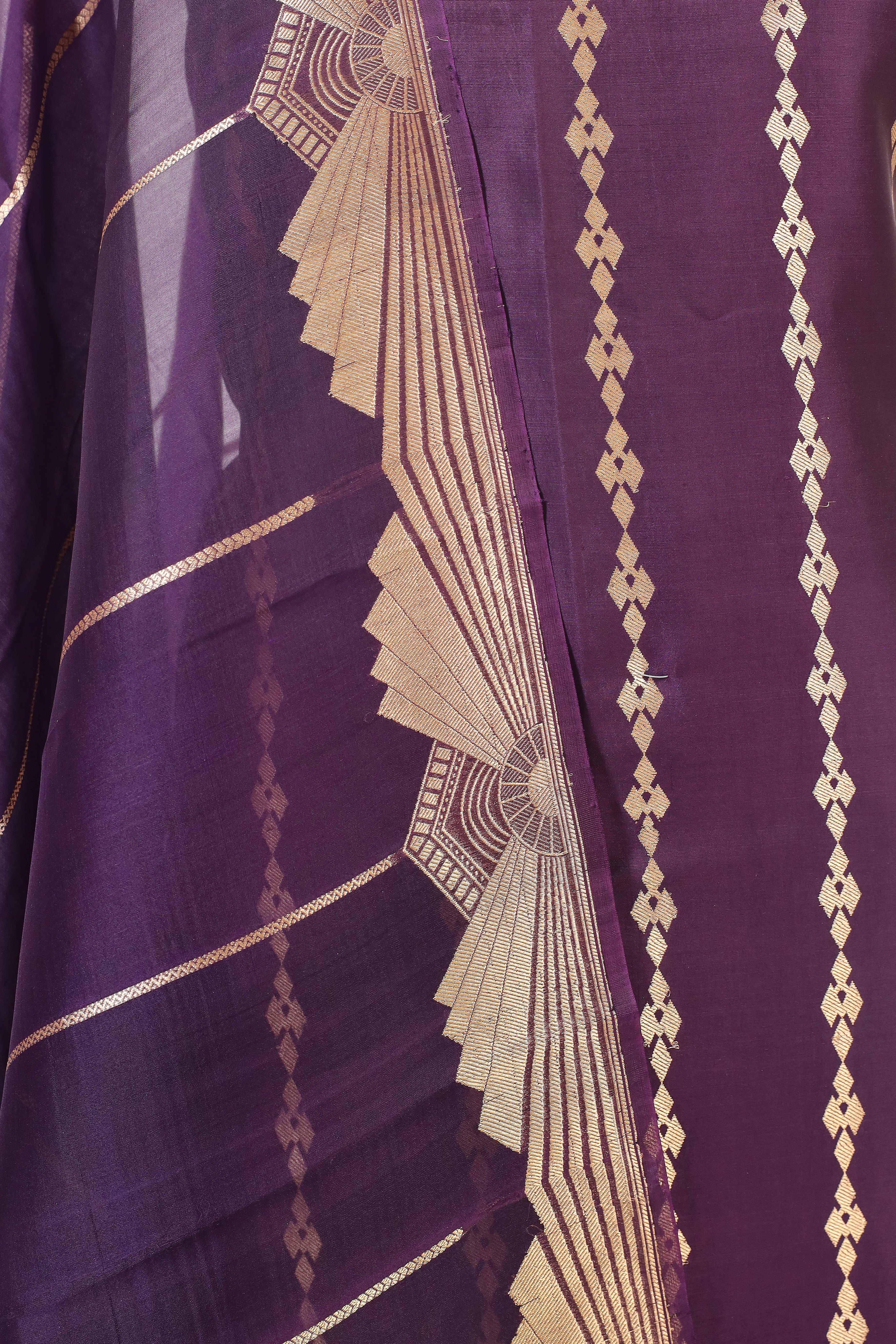 Purple Banarasi Soft Silk Suit Set With Organza Dupatta