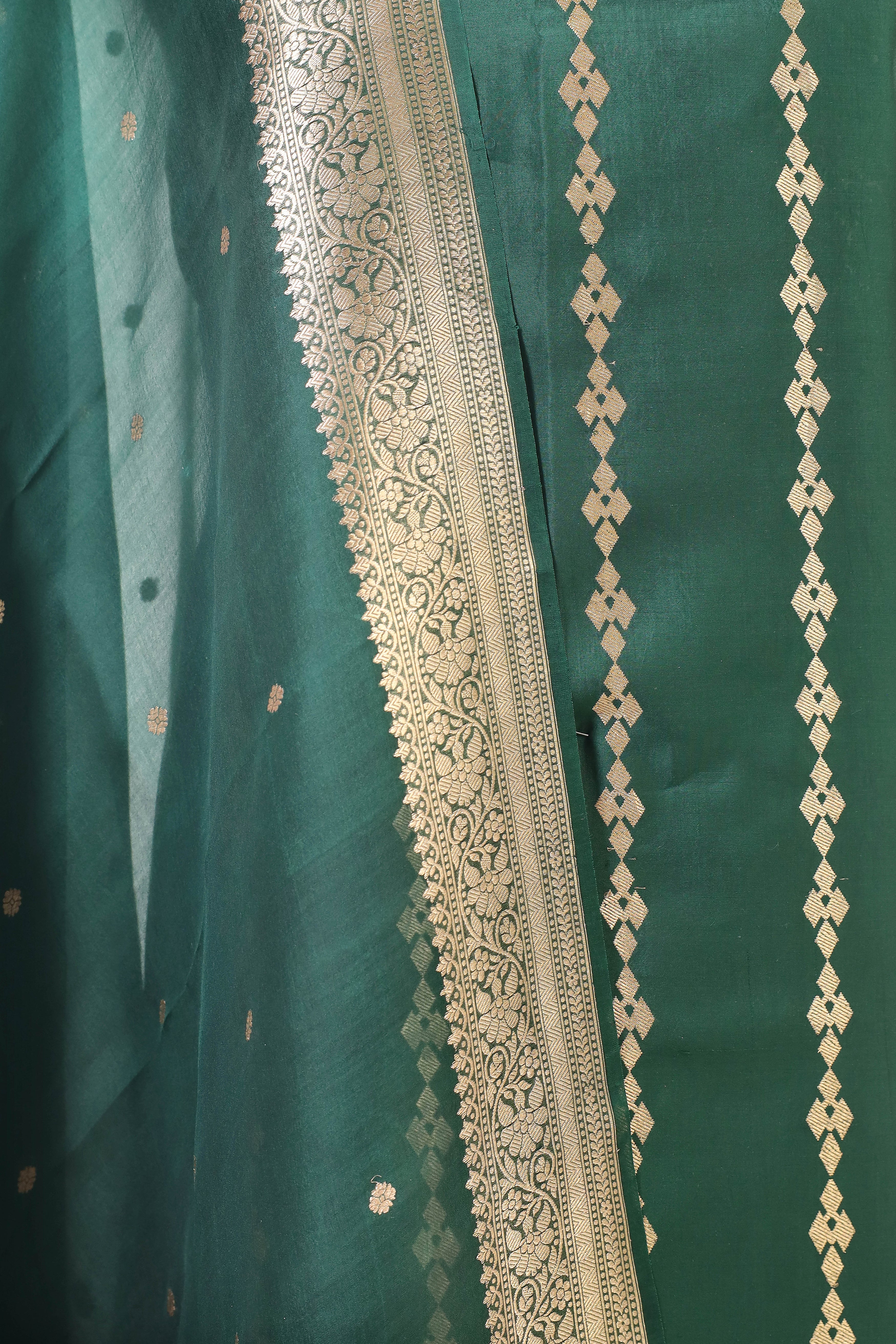 Bottle Green Banarasi Soft Silk Suit Set With Organza Dupatta