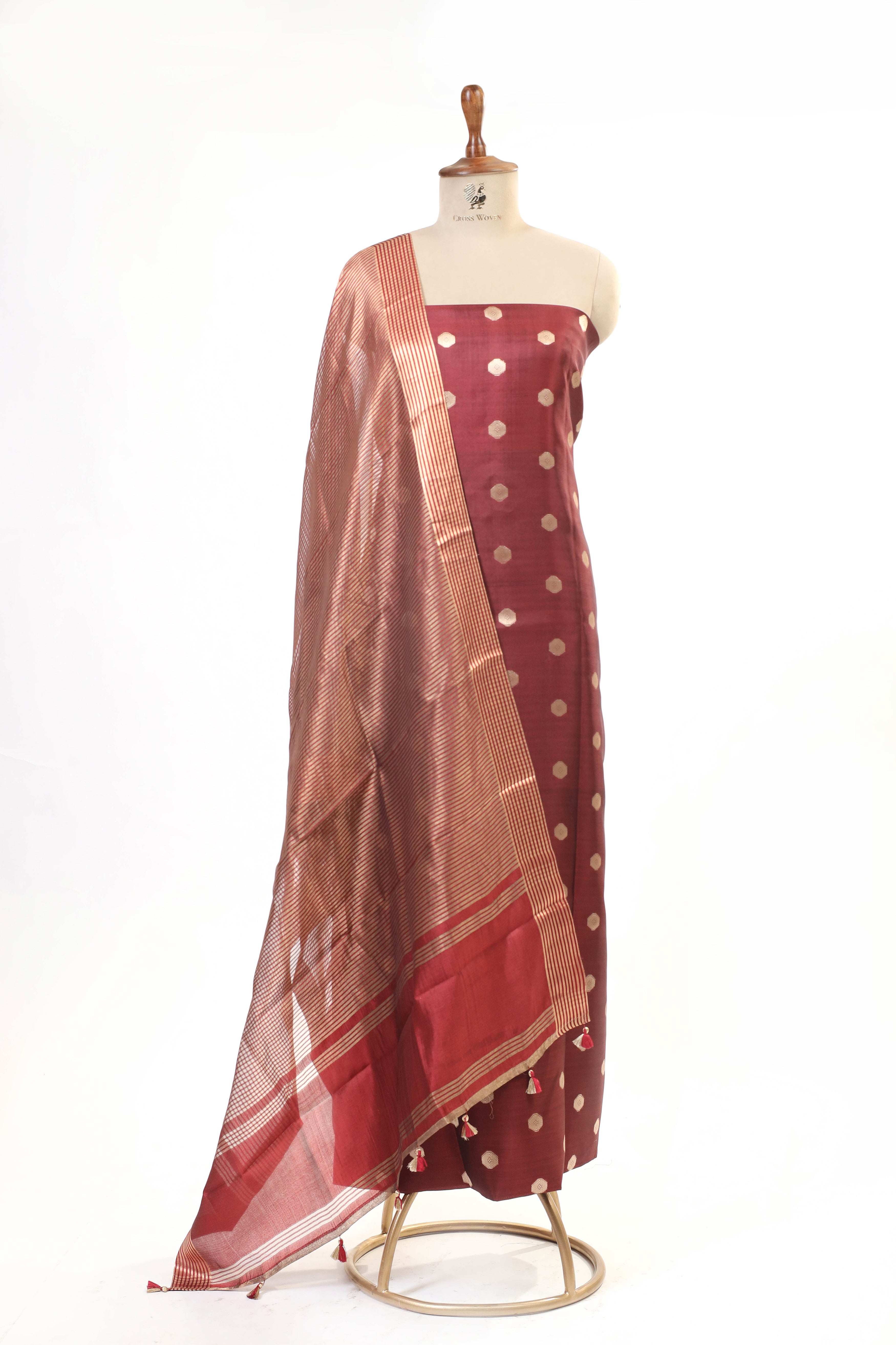 Deep Maroon Banarasi Soft Silk Suit Set With Tissue Stripe Dupatta