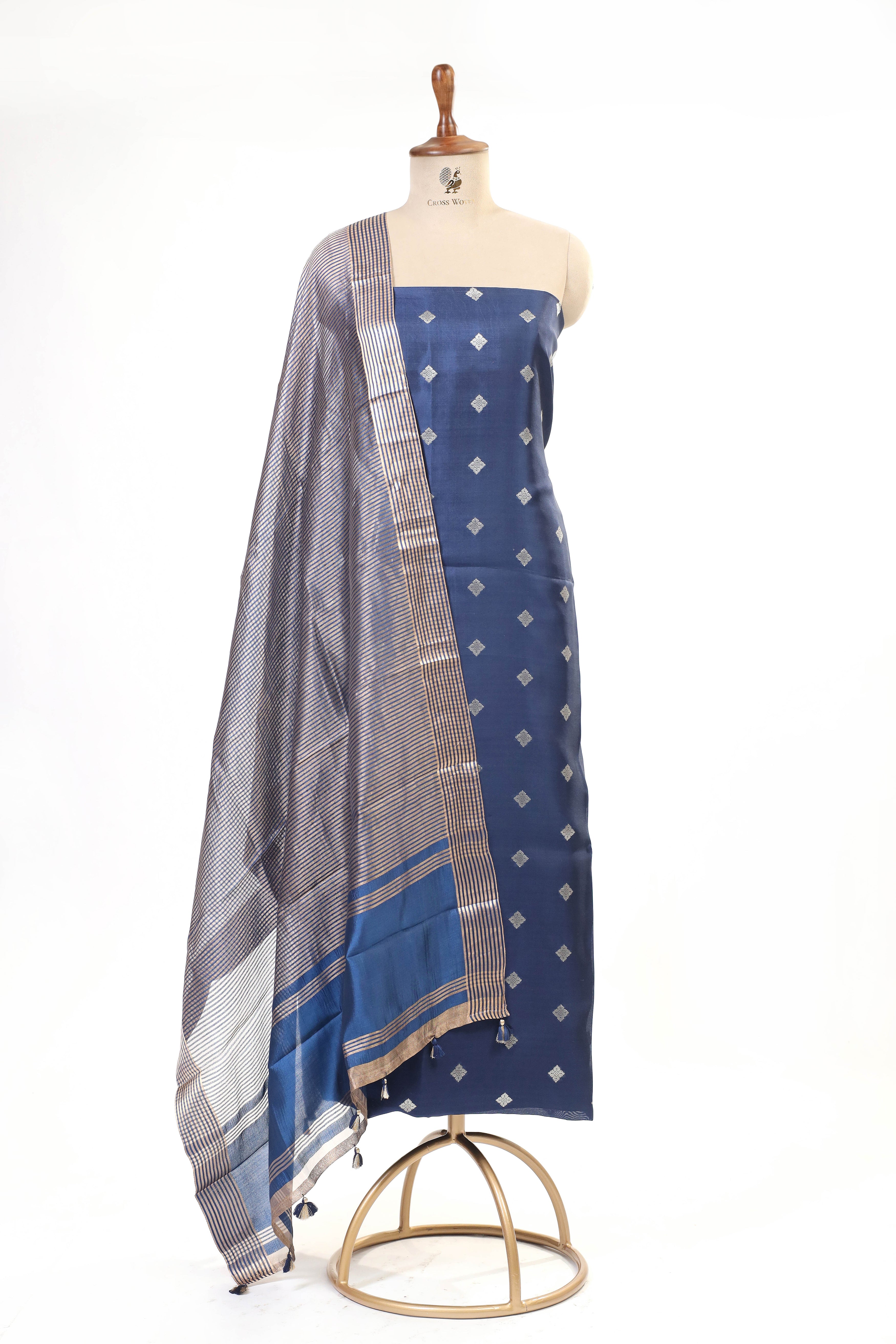 Navy Blue Banarasi Soft Silk Suit Set With Tissue Stripe Dupatta