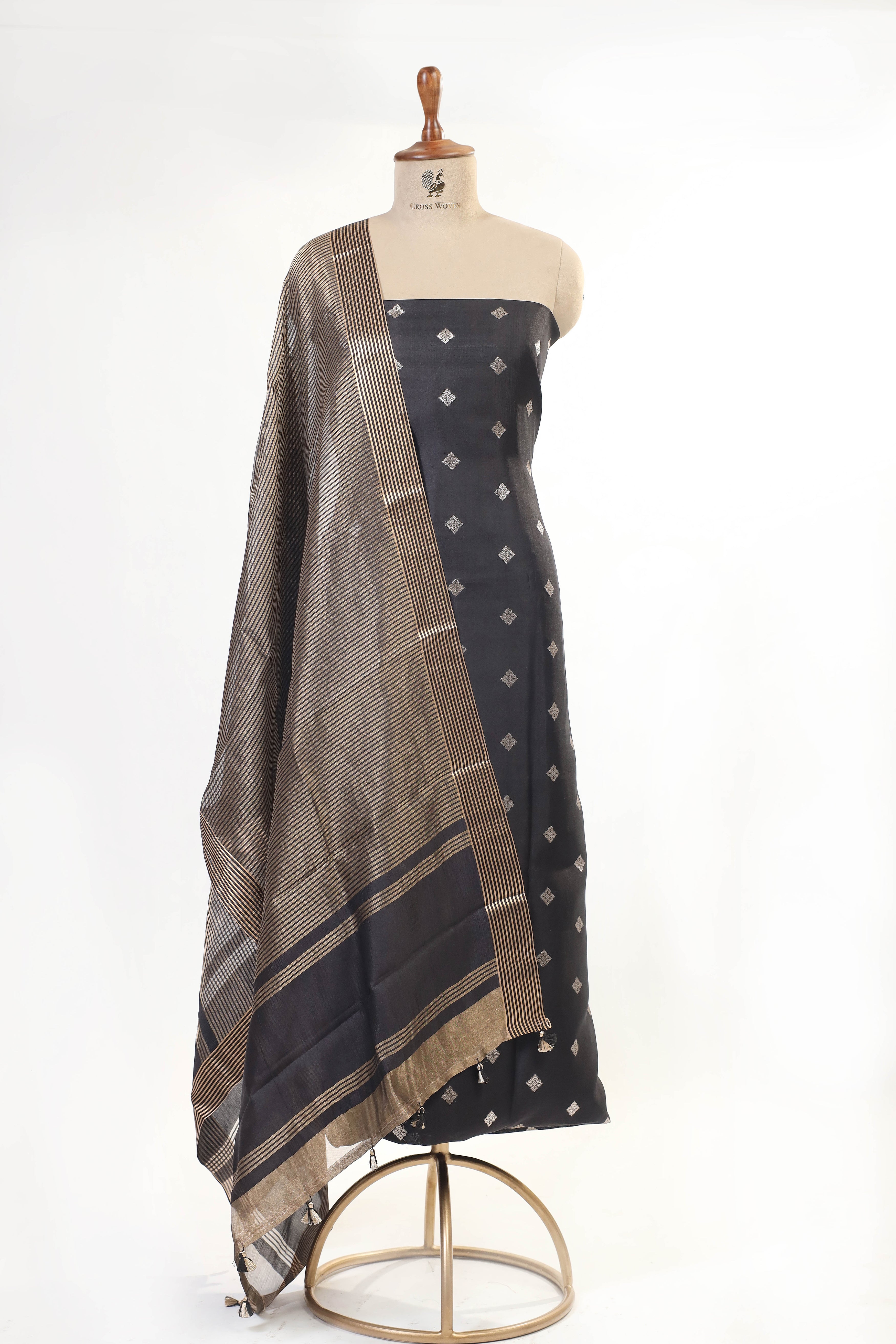 Black Banarasi Soft Silk Suit Set With Tissue Stripe Dupatta