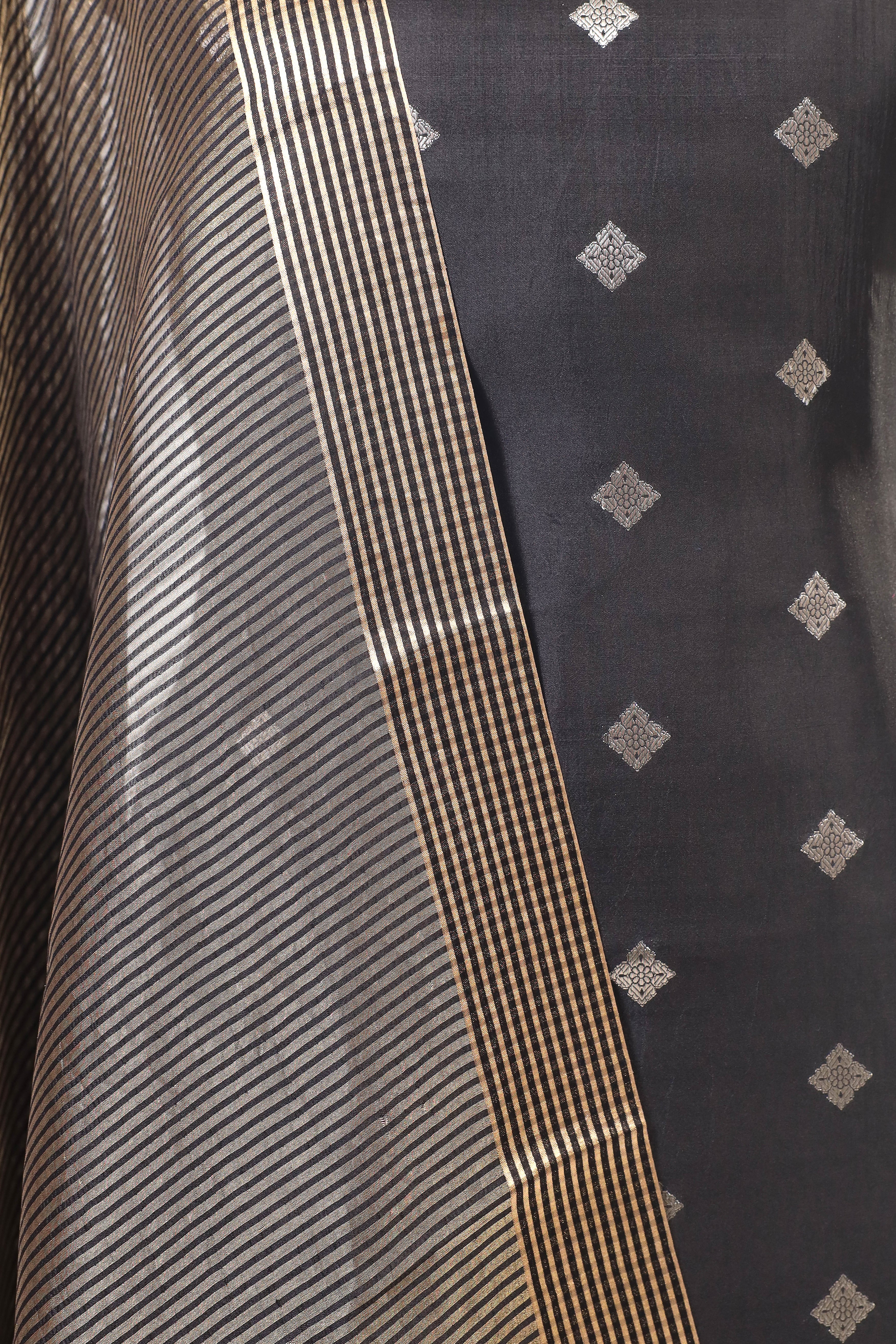Black Banarasi Soft Silk Suit Set With Tissue Stripe Dupatta