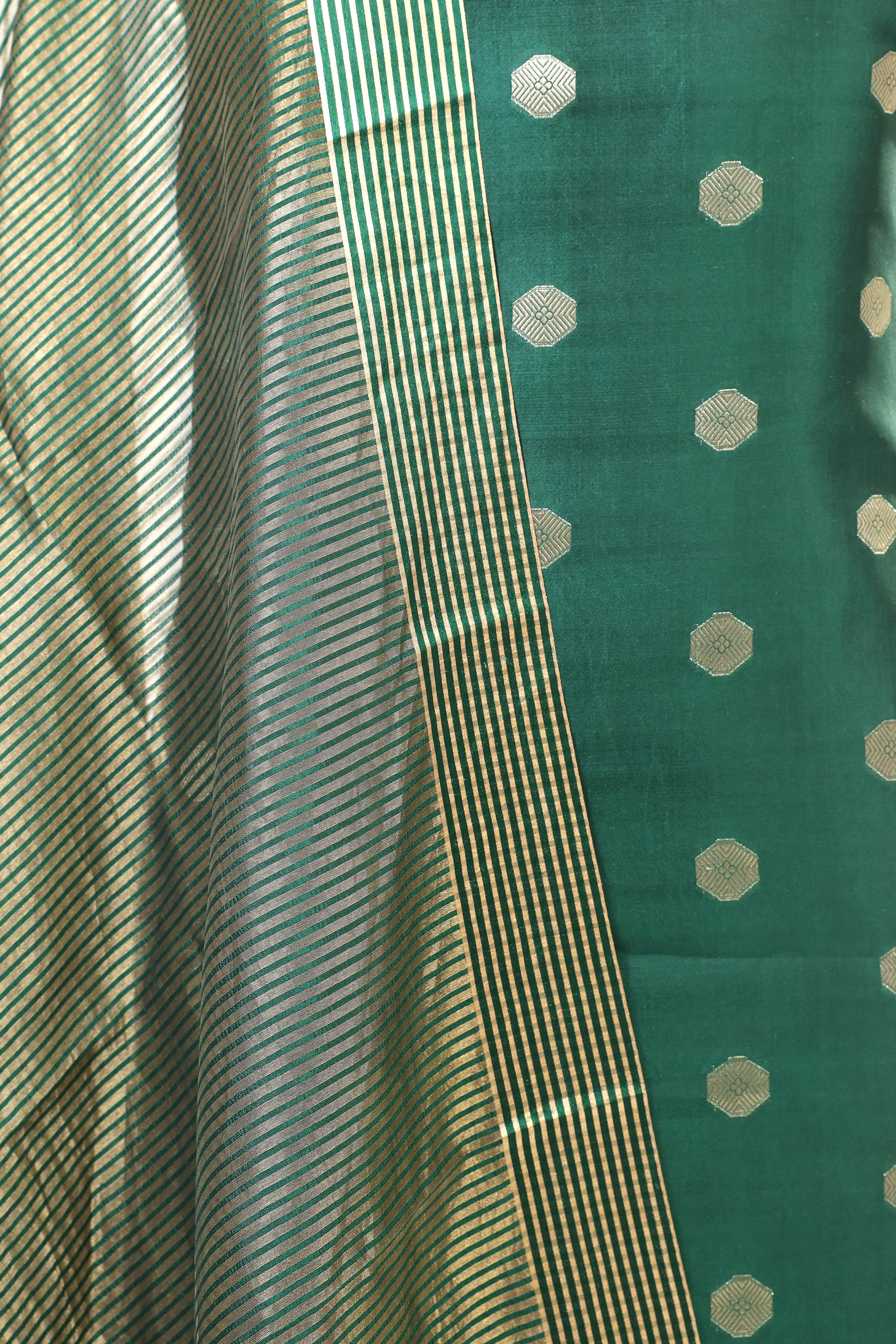 Dark Green Banarasi Soft Silk Suit Set With Tissue Stripe Dupatta
