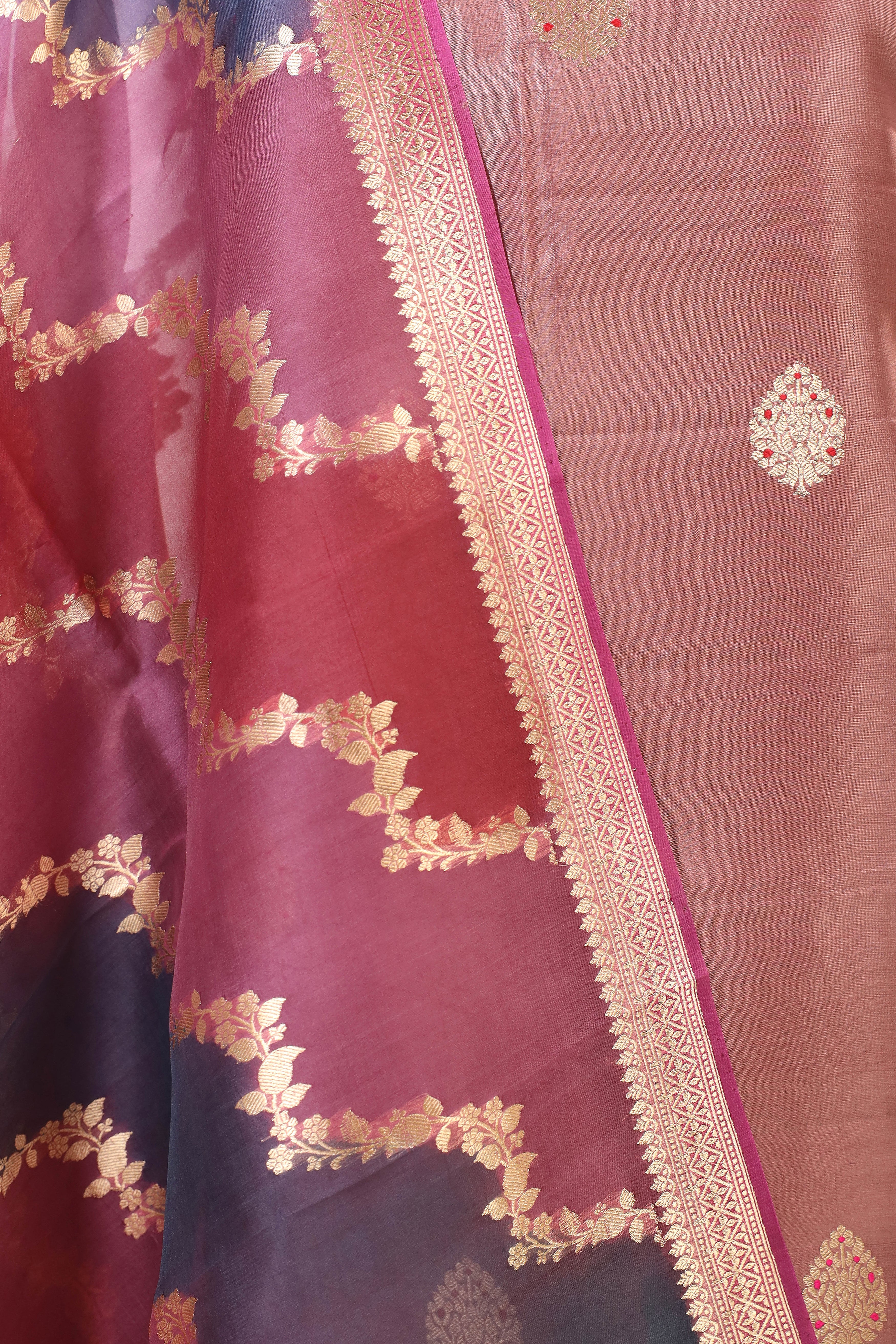 Rose Pink Banarasi Soft Silk Suit Set With Rangkat Organza Dupatta