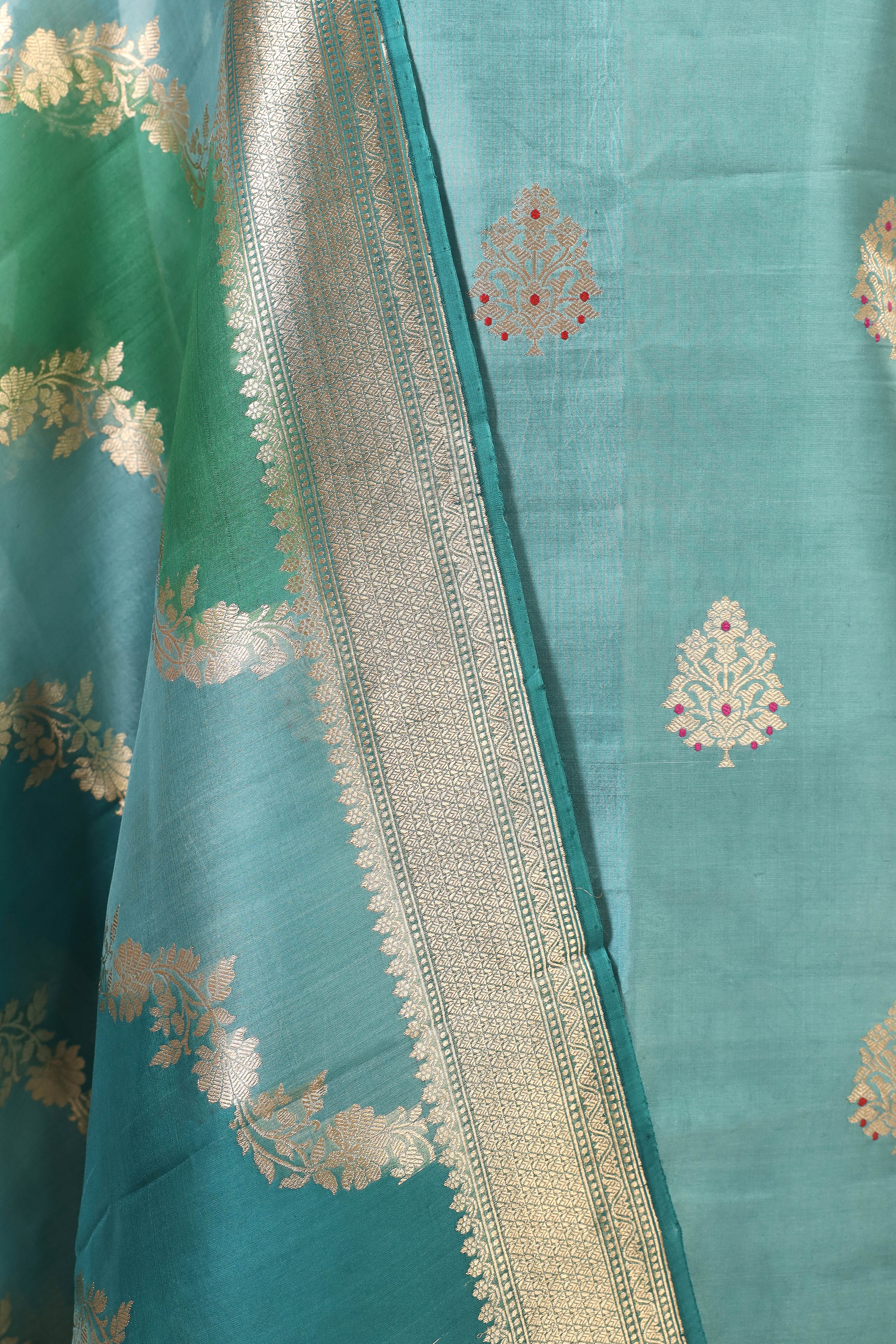 Teal Blue Banarasi Soft Silk Suit Set With Rangkat Organza Dupatta