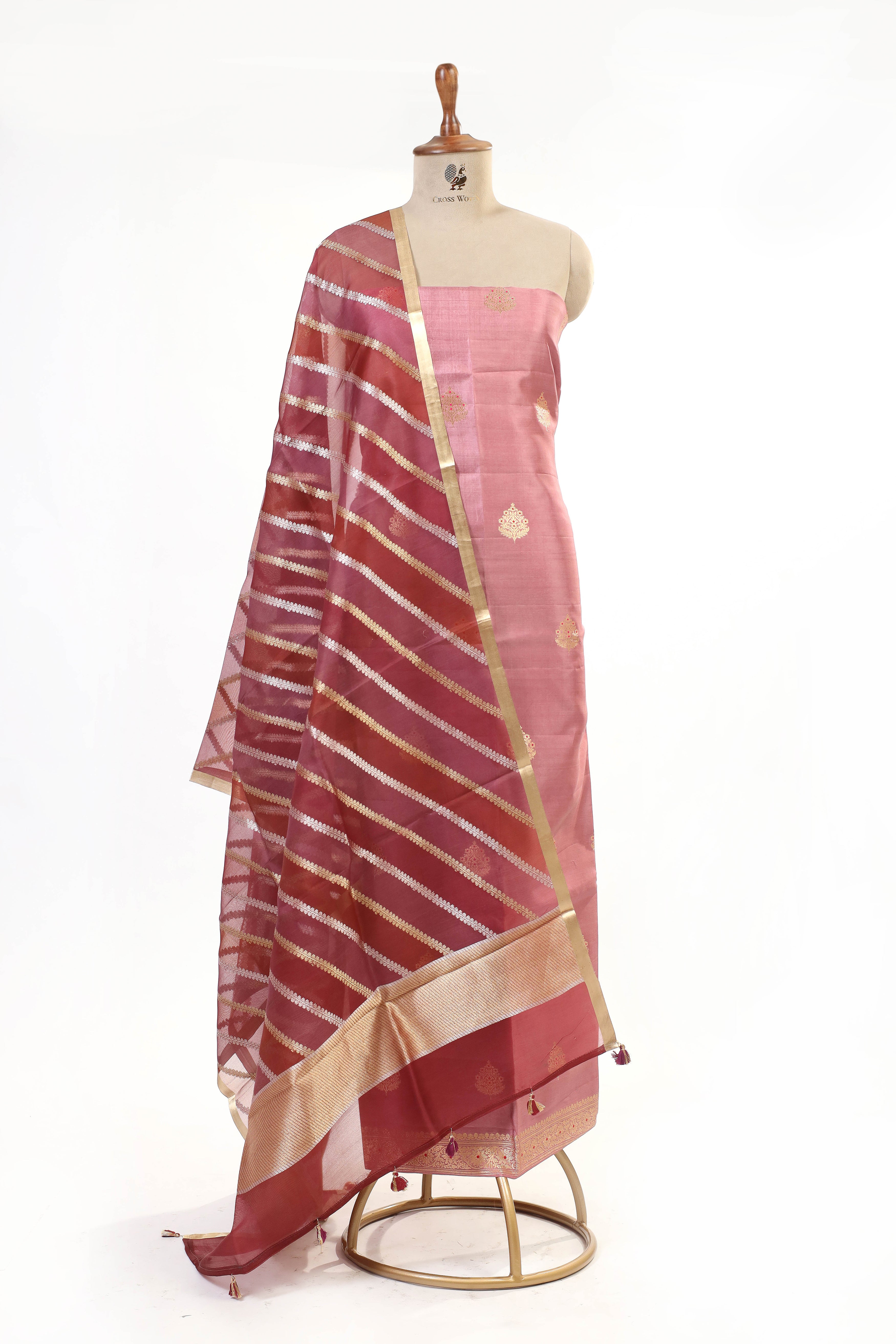 Dusty Rose Pink Banarasi Soft Silk Suit Set With Rangkat Organza Dupatta