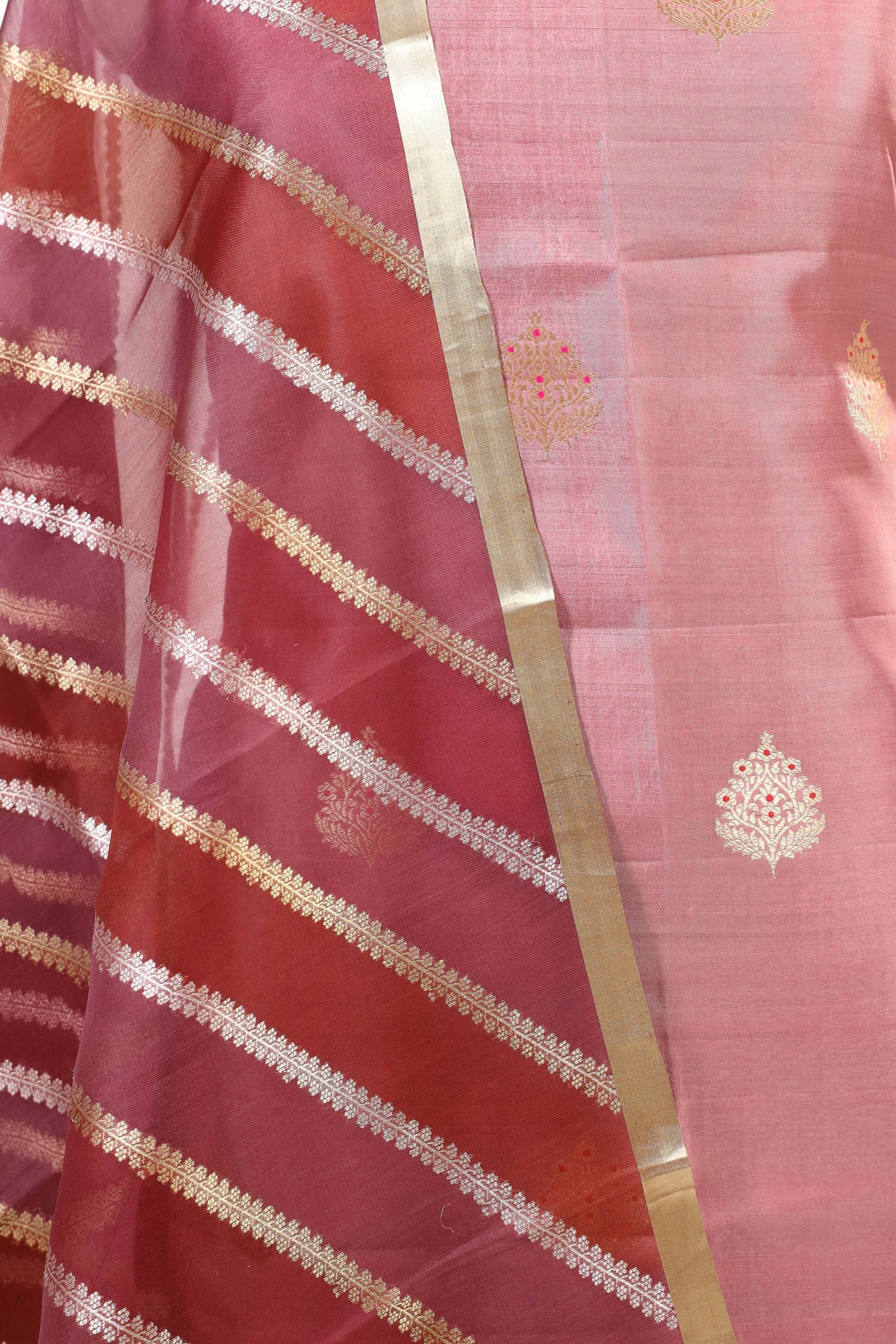Dusty Rose Pink Banarasi Soft Silk Suit Set With Rangkat Organza Dupatta