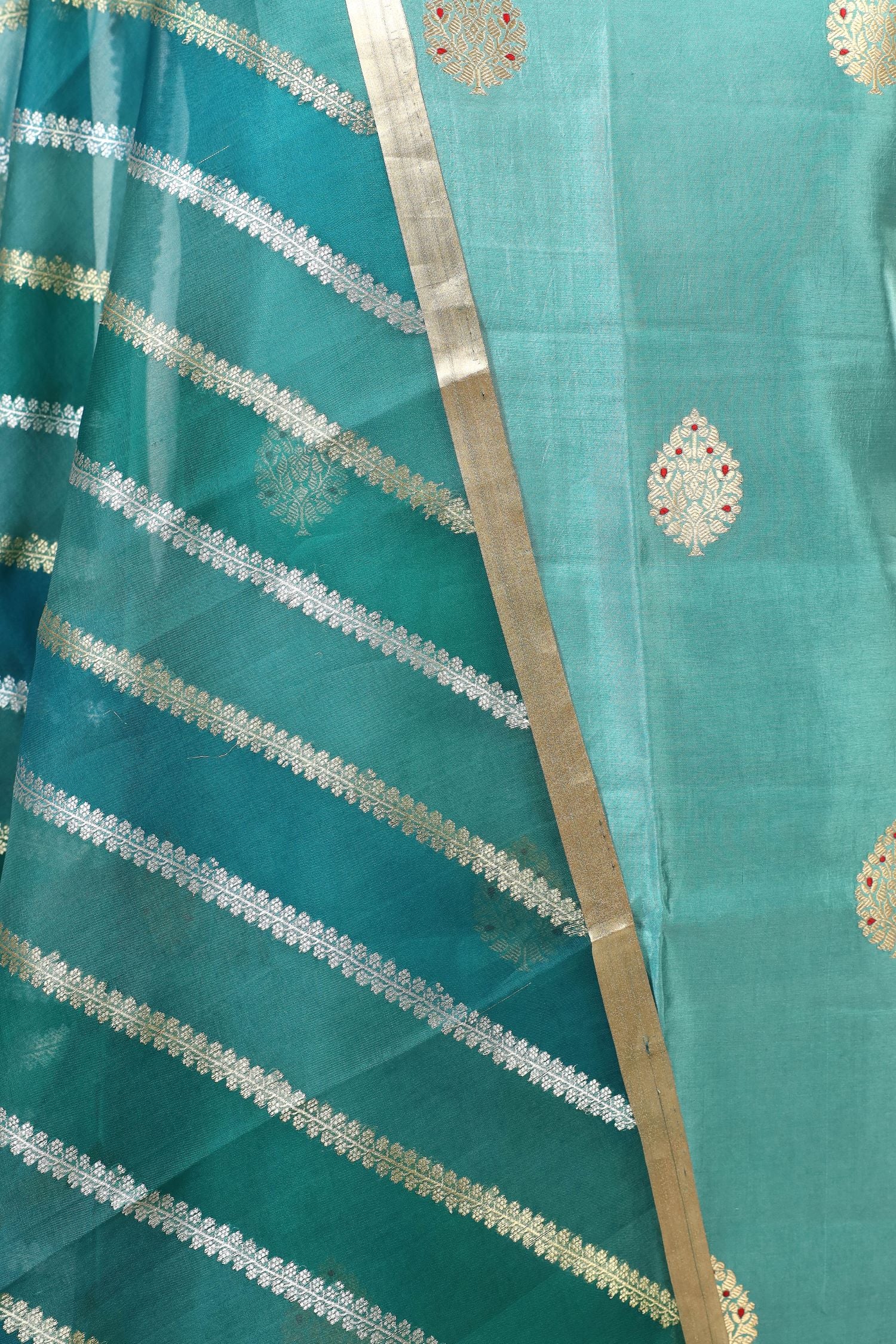 Sea Green Banarasi Soft Silk Suit Set With Rangkat Organza Dupatta