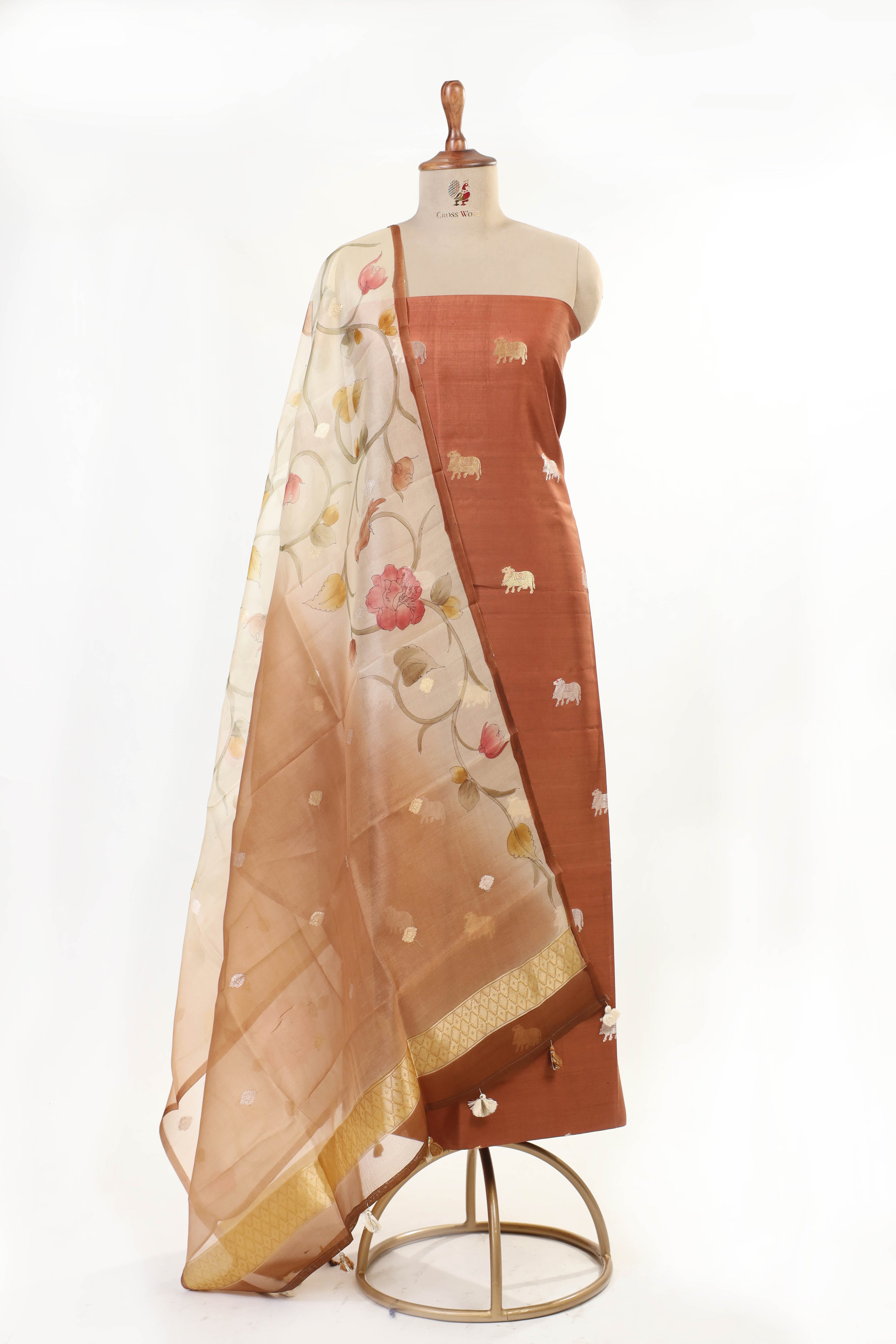 Warm Brown Chiniya Silk Suit Set With Handbrush Organza Dupatta