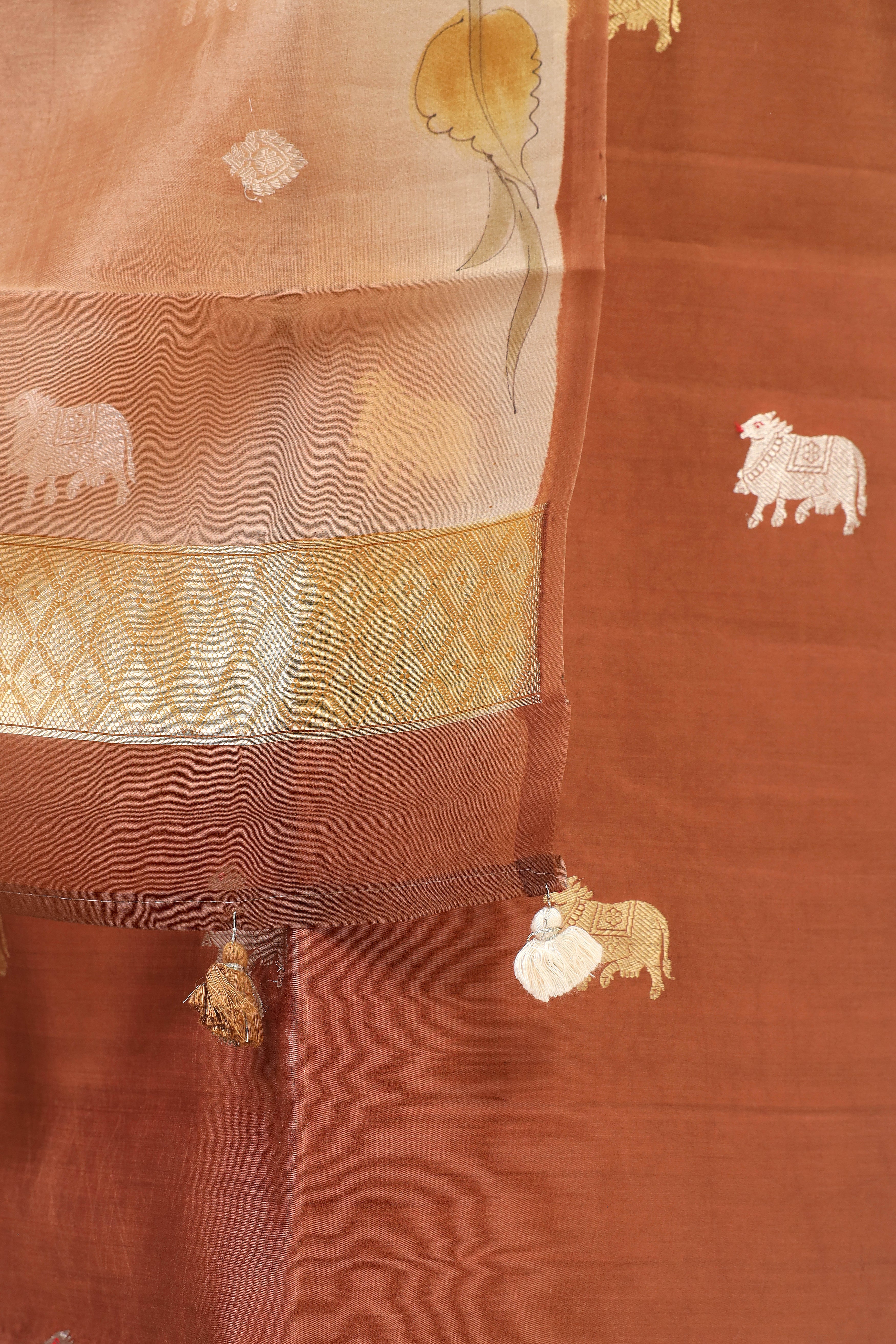 Warm Brown Chiniya Silk Suit Set With Handbrush Organza Dupatta