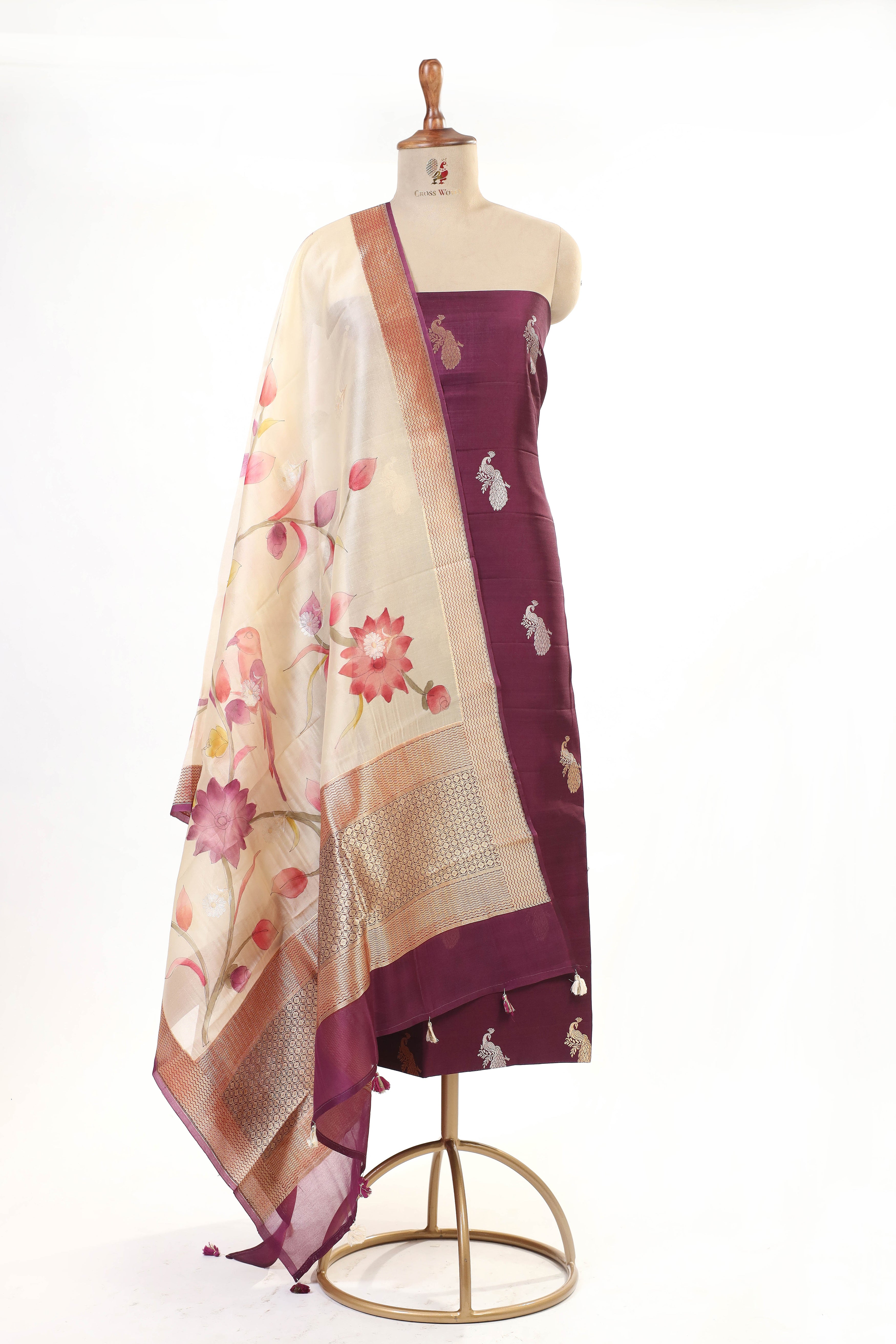 Deep Wine Chiniya Silk Suit Set With Handbrush Organza Dupatta