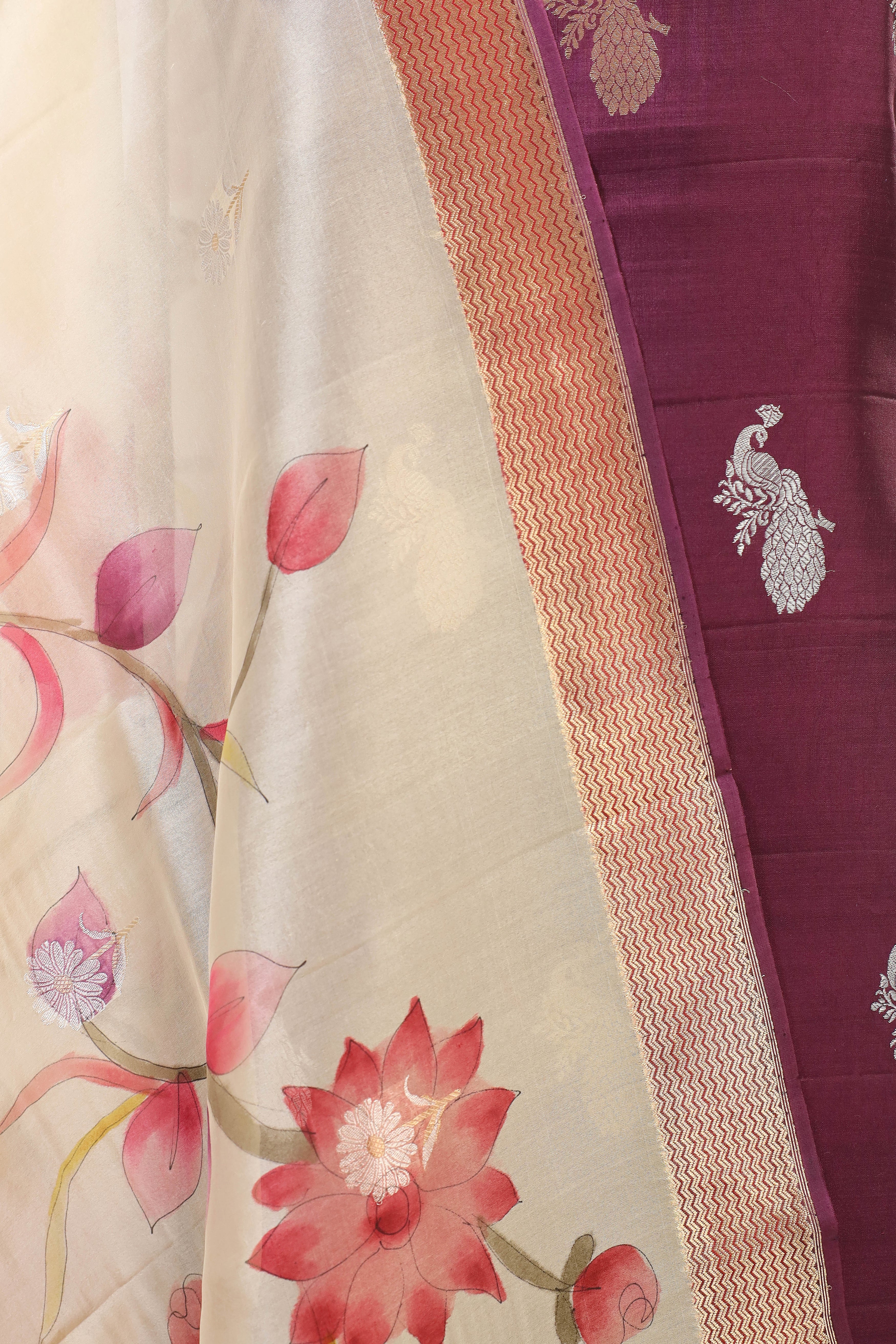Deep Wine Chiniya Silk Suit Set With Handbrush Organza Dupatta