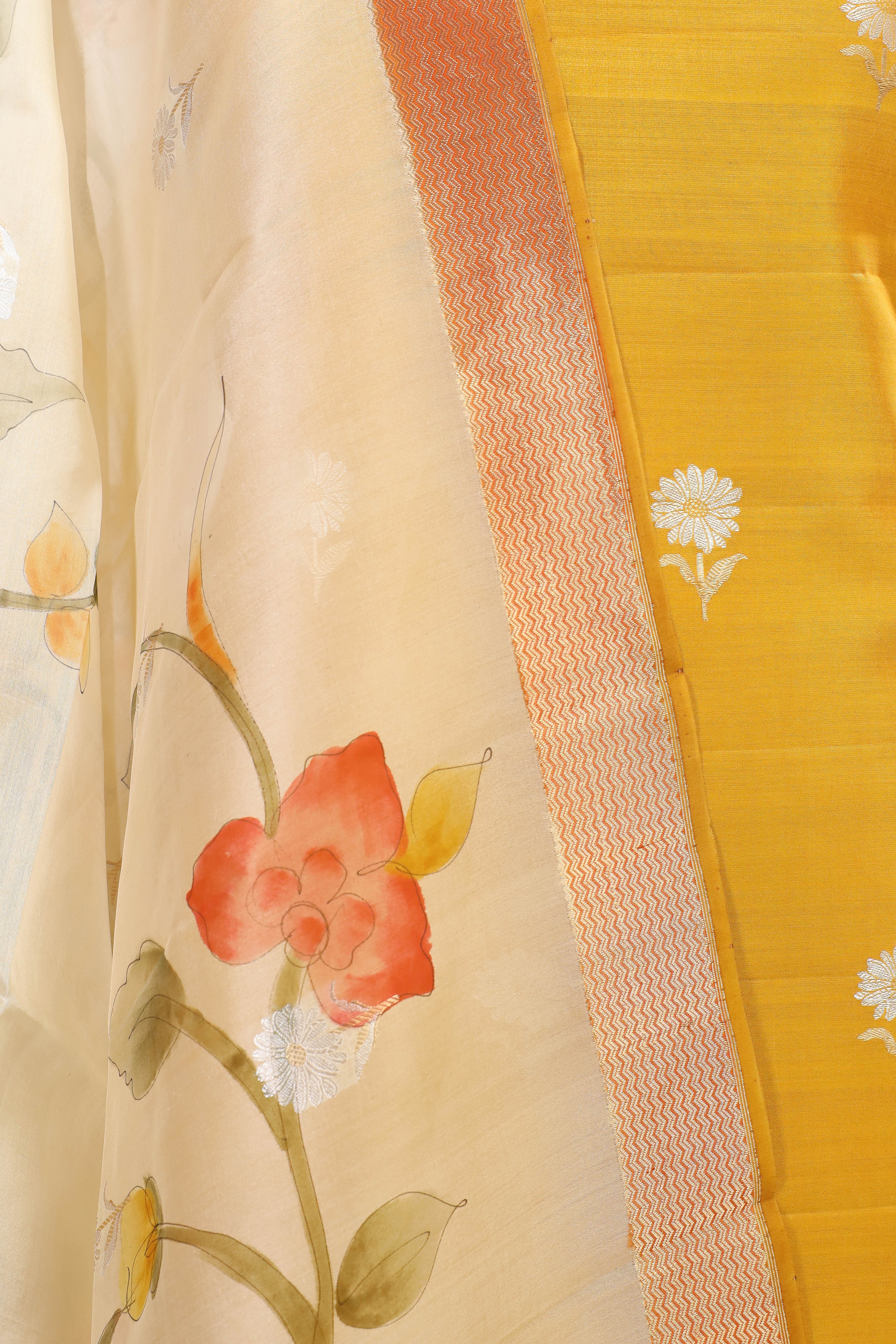 Golden Yellow Chiniya Silk Suit Set With Handbrush Organza Dupatta