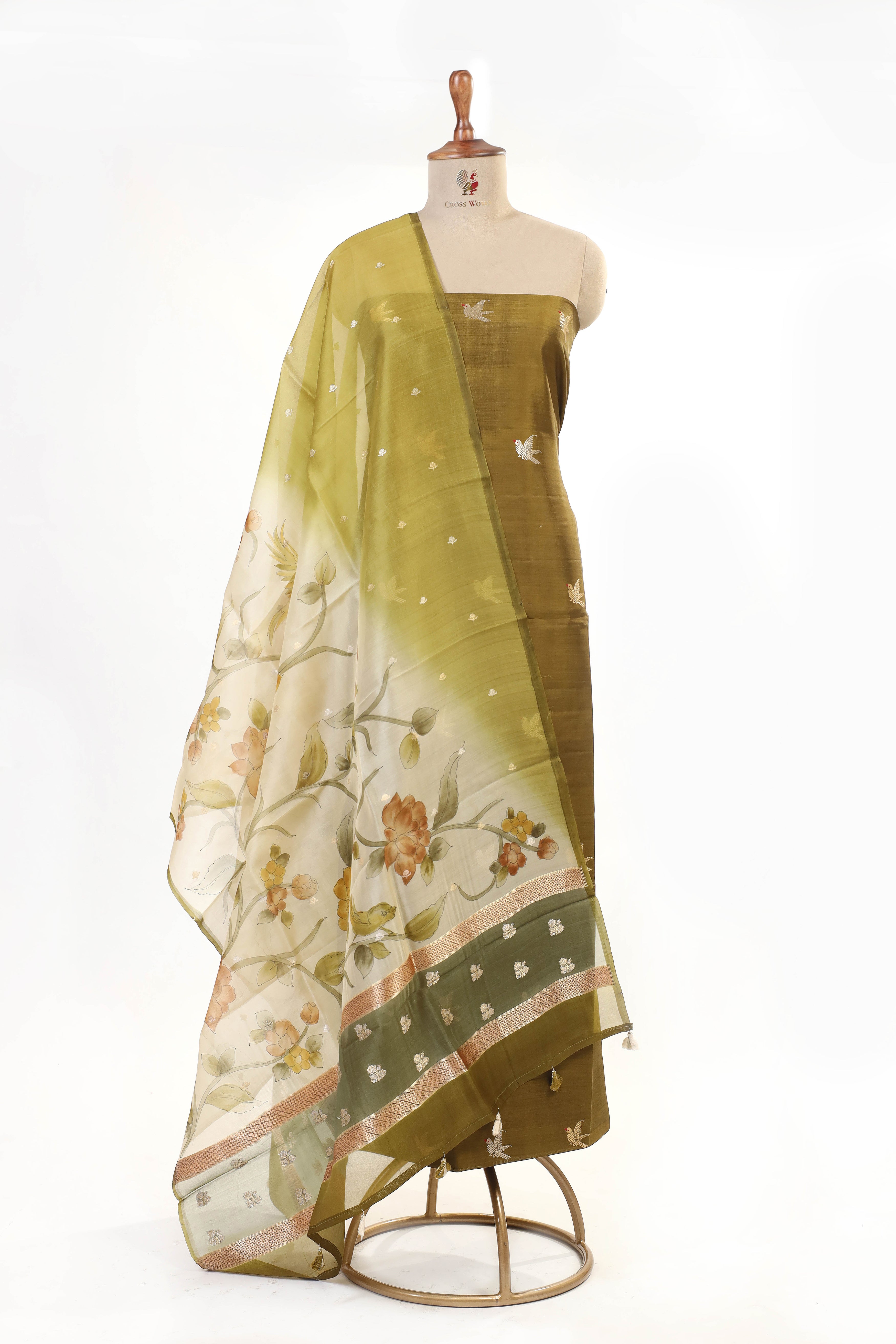 Mehendi Green Chiniya Silk Suit Set With Handbrush Organza Dupatta