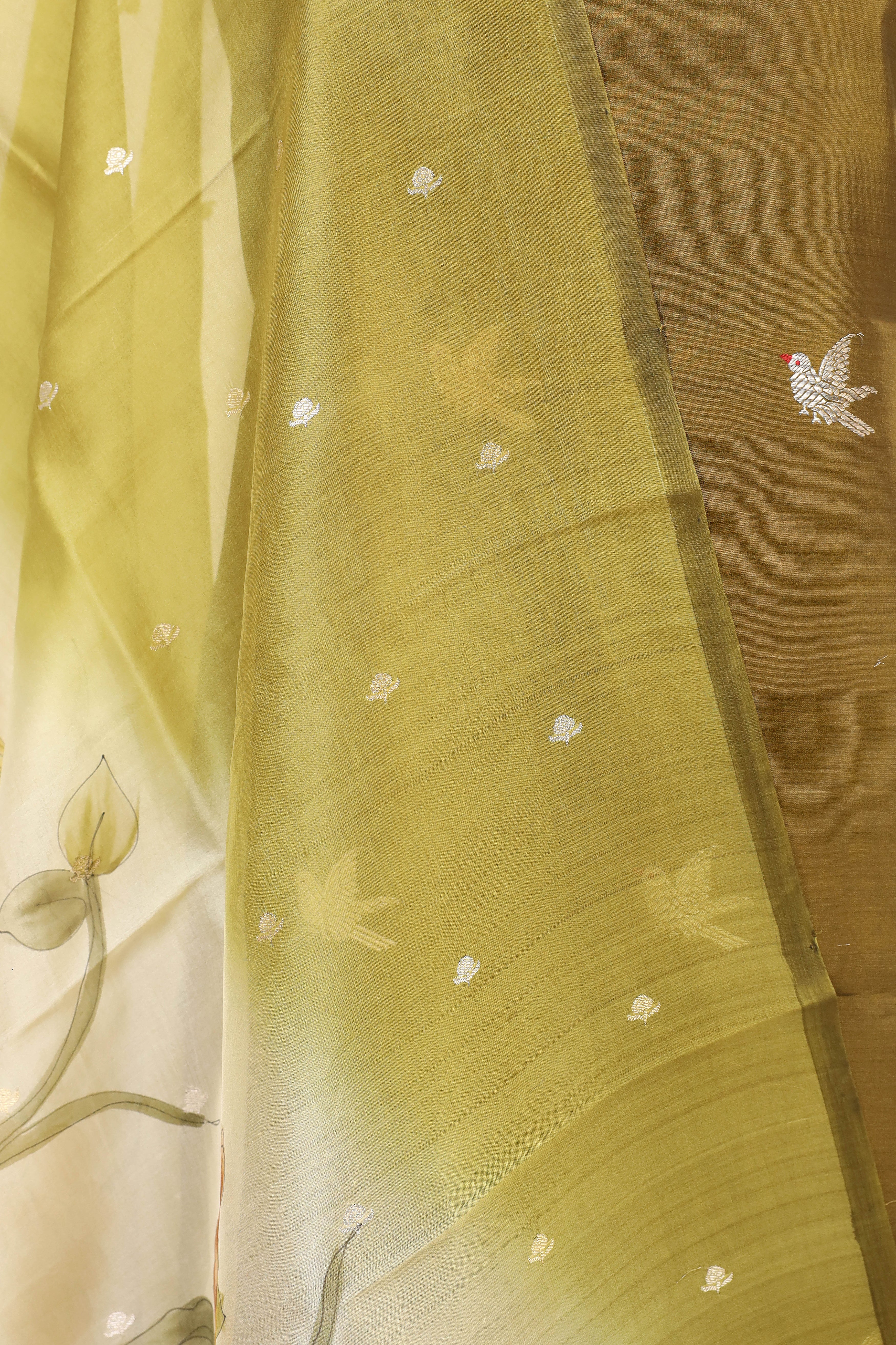 Mehendi Green Chiniya Silk Suit Set With Handbrush Organza Dupatta