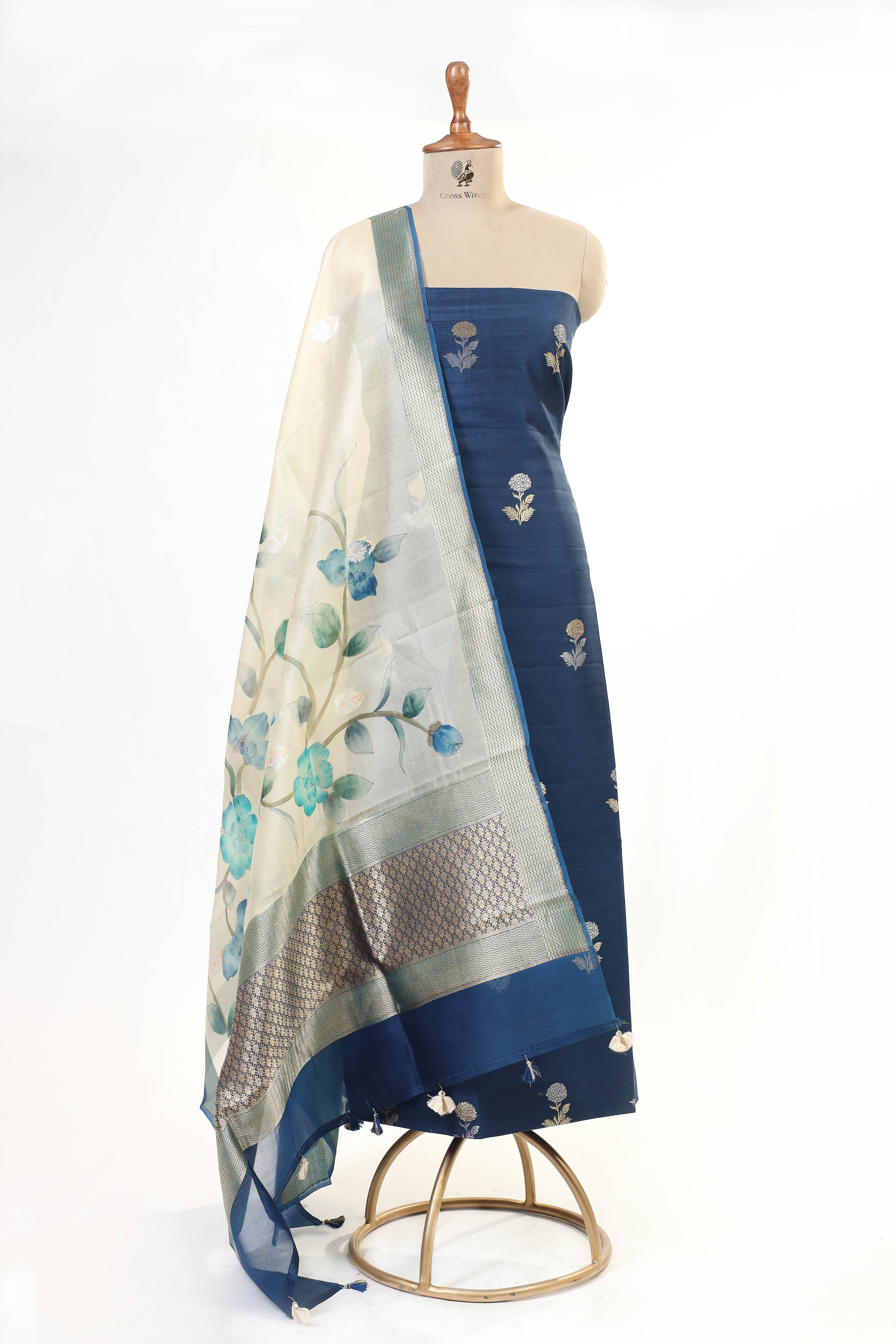 Deep Blue Chiniya Silk Suit Set With Handbrush Organza Dupatta