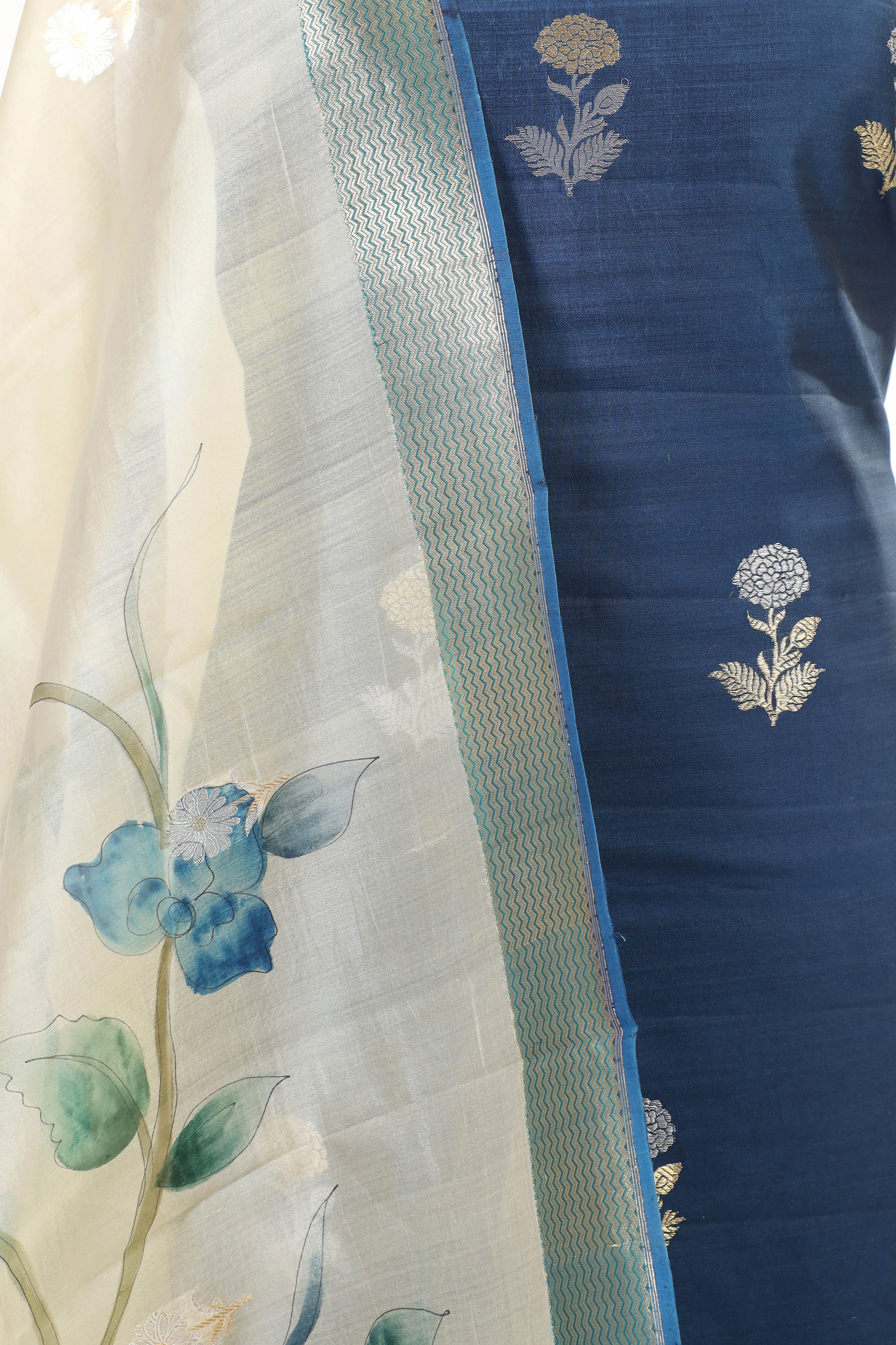Deep Blue Chiniya Silk Suit Set With Handbrush Organza Dupatta