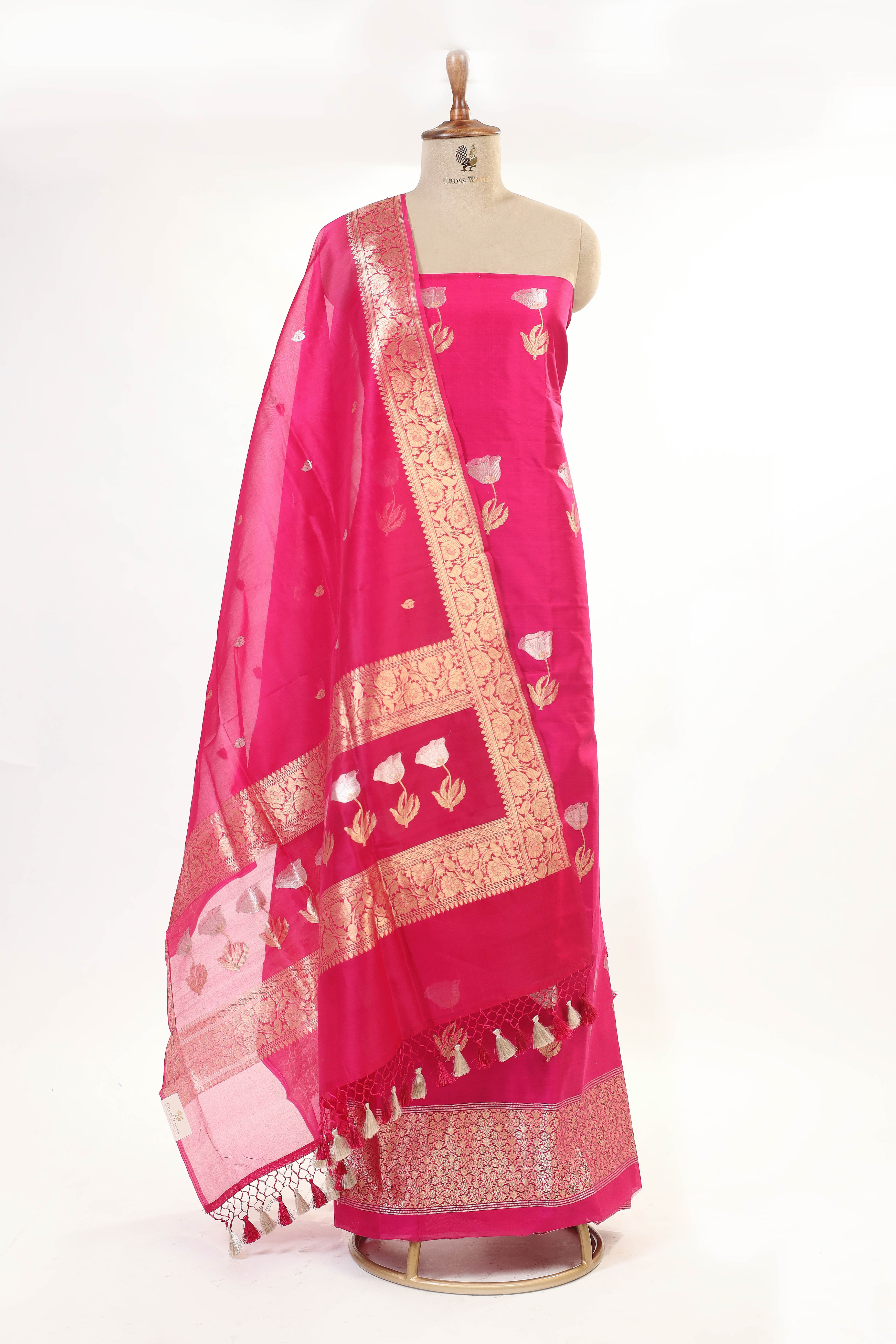 Pink Chiniya Silk Suit Set With Organza Dupatta