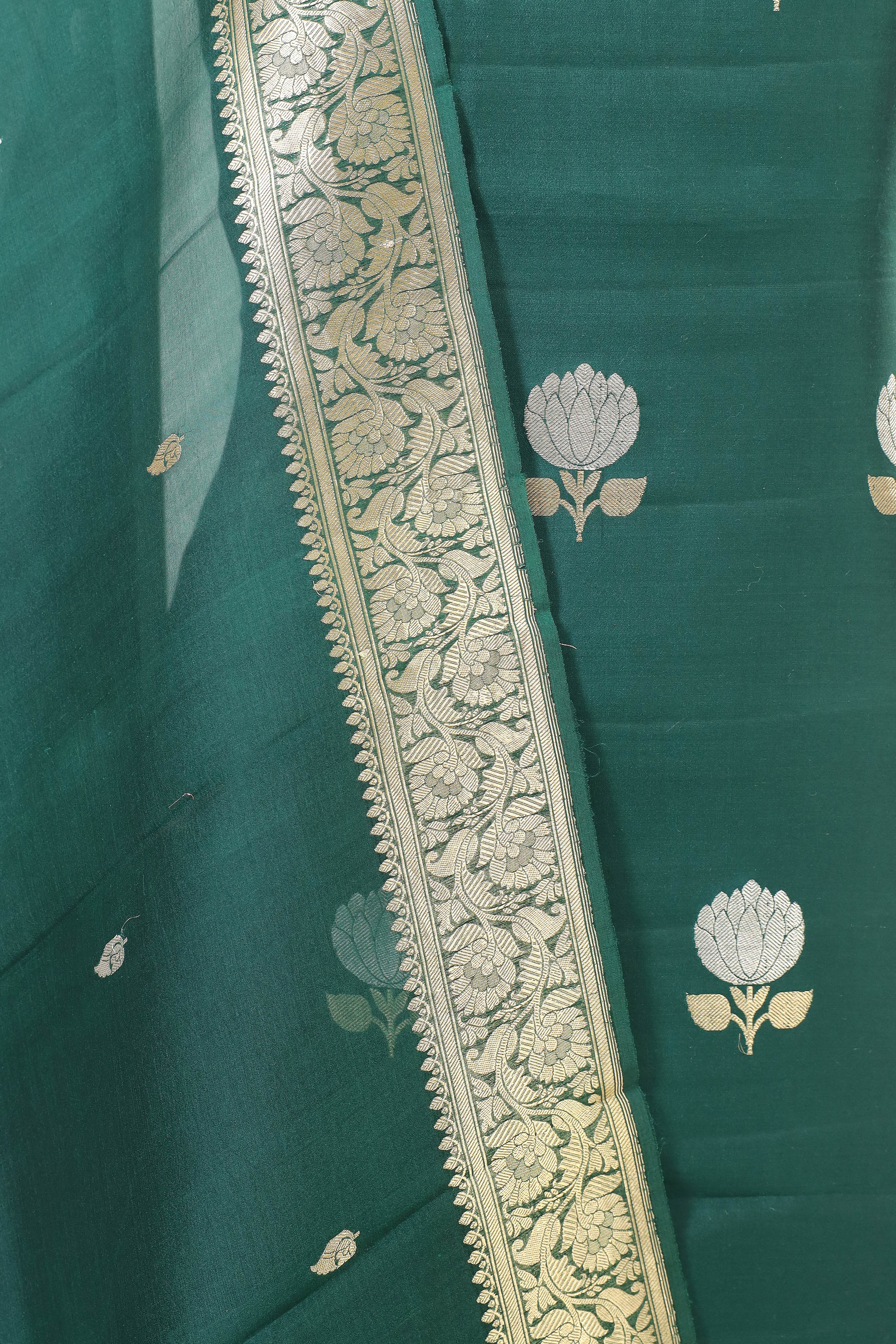 Bottle Green Chiniya Silk Suit Set With Organza Dupatta