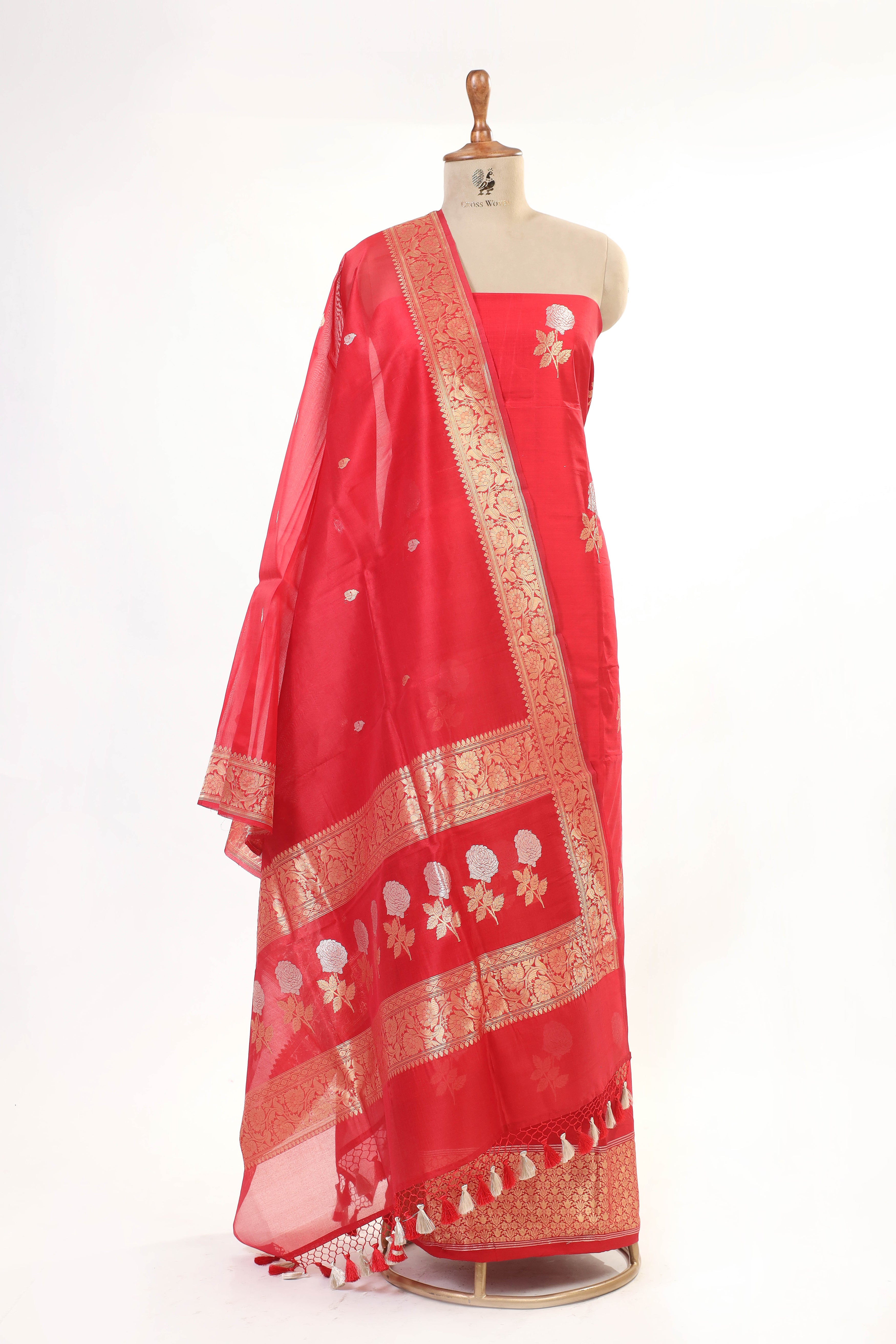 Red Chiniya Silk Suit Set With Organza Dupatta