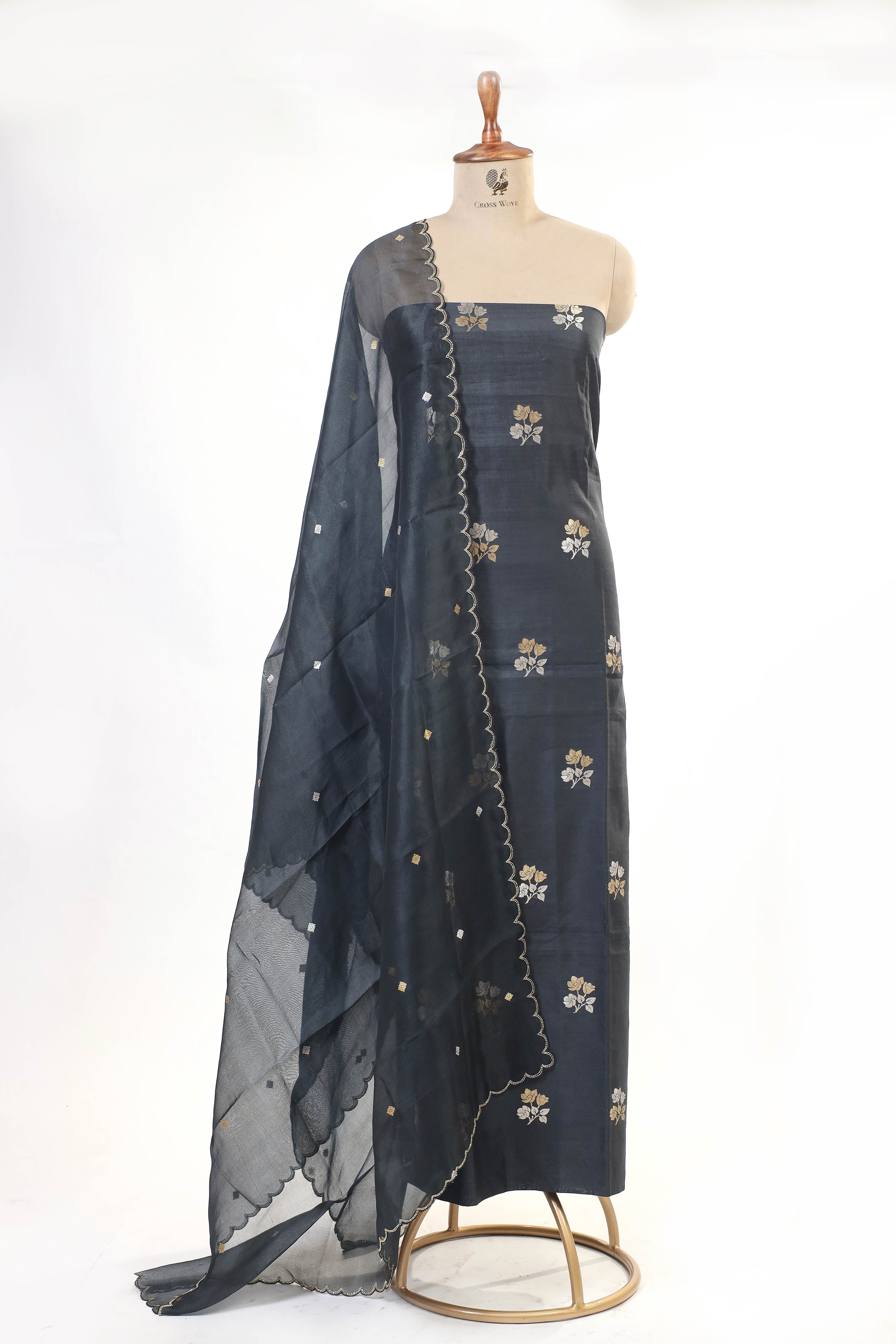 Black Chiniya Silk Suit Set With Hand Work Organza Dupatta