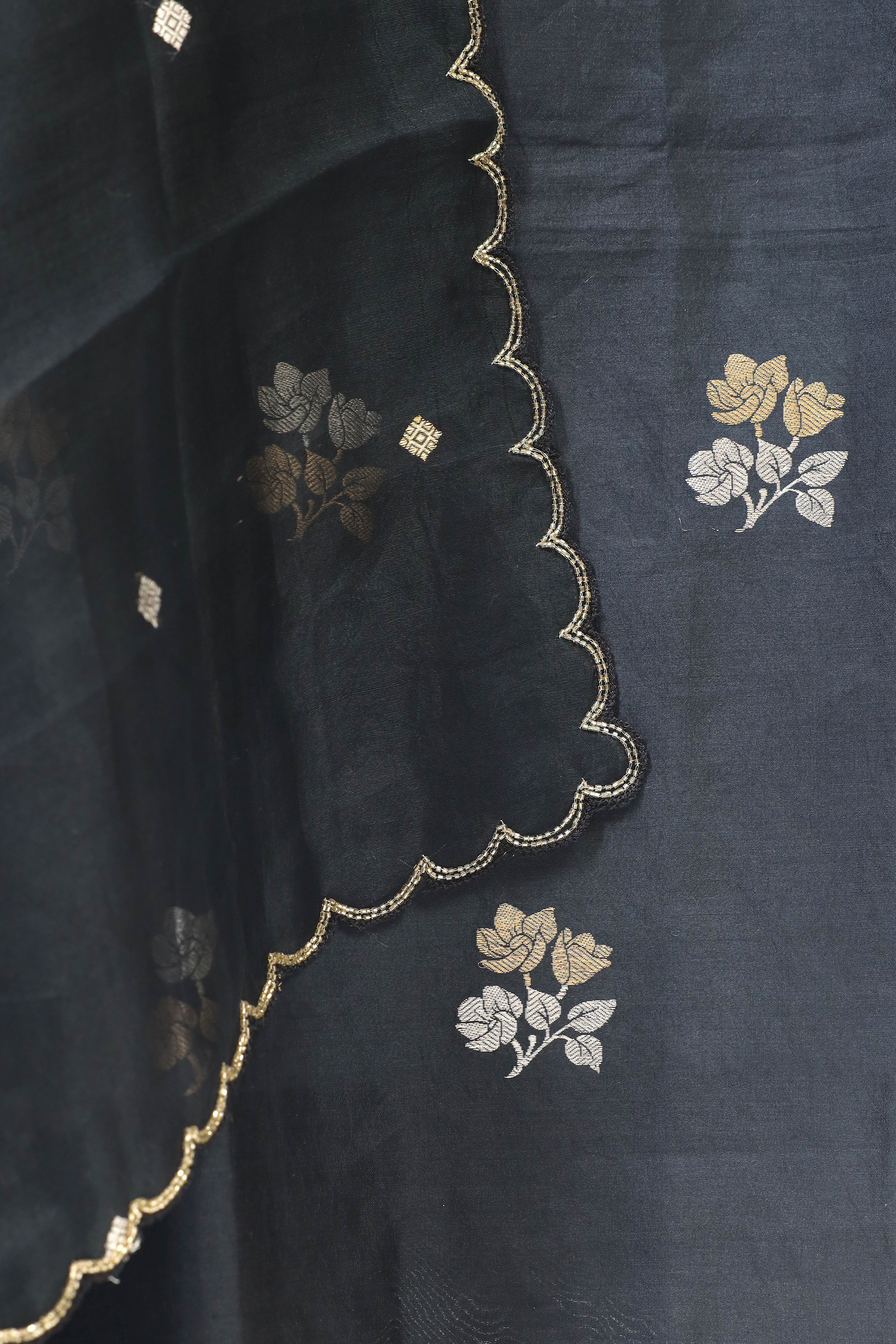 Black Chiniya Silk Suit Set With Hand Work Organza Dupatta