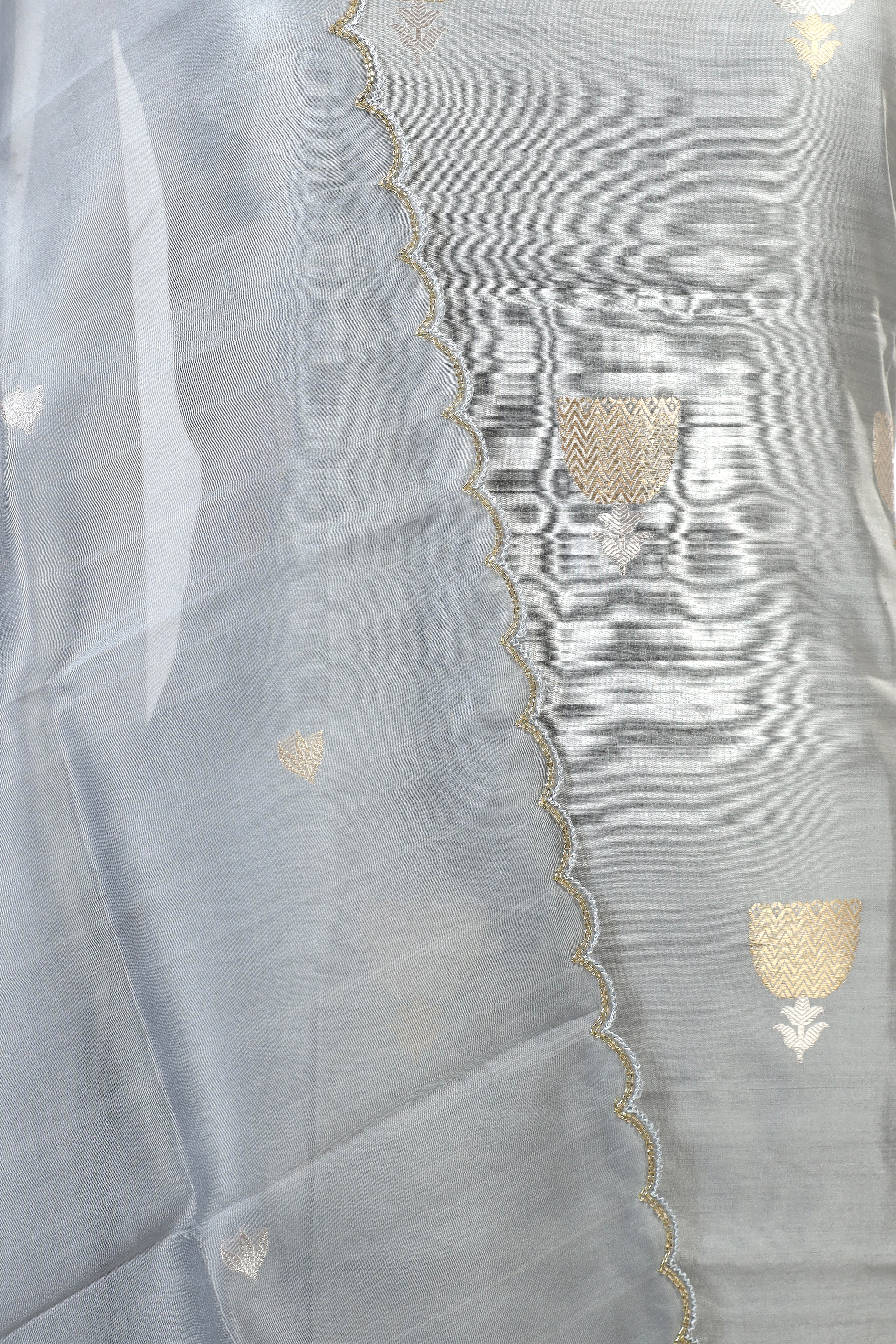 Gray Chiniya Silk Suit Set With Hand Work Organza Dupatta