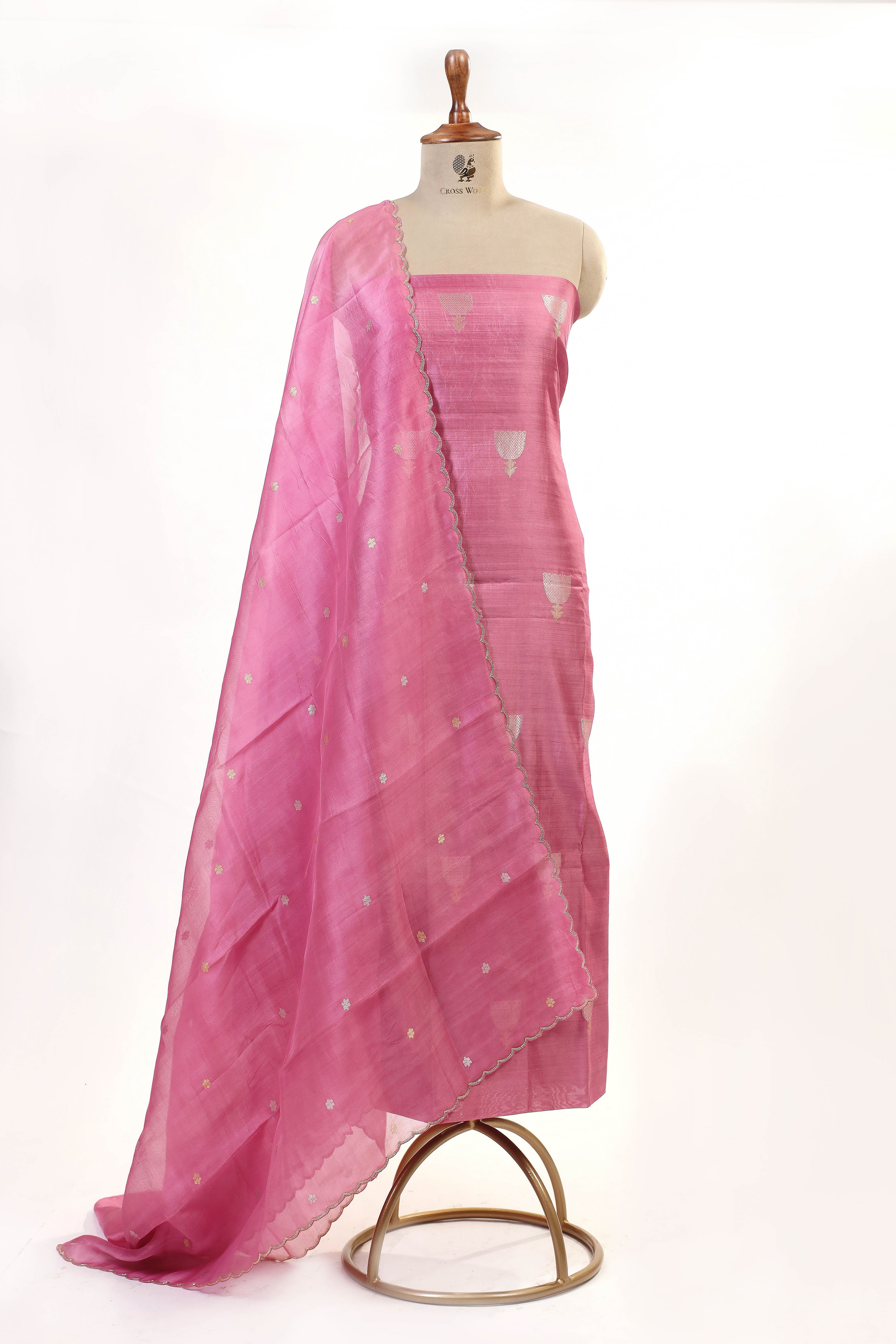 Rose Pink Chiniya Silk Suit Set With Hand Work Organza Dupatta