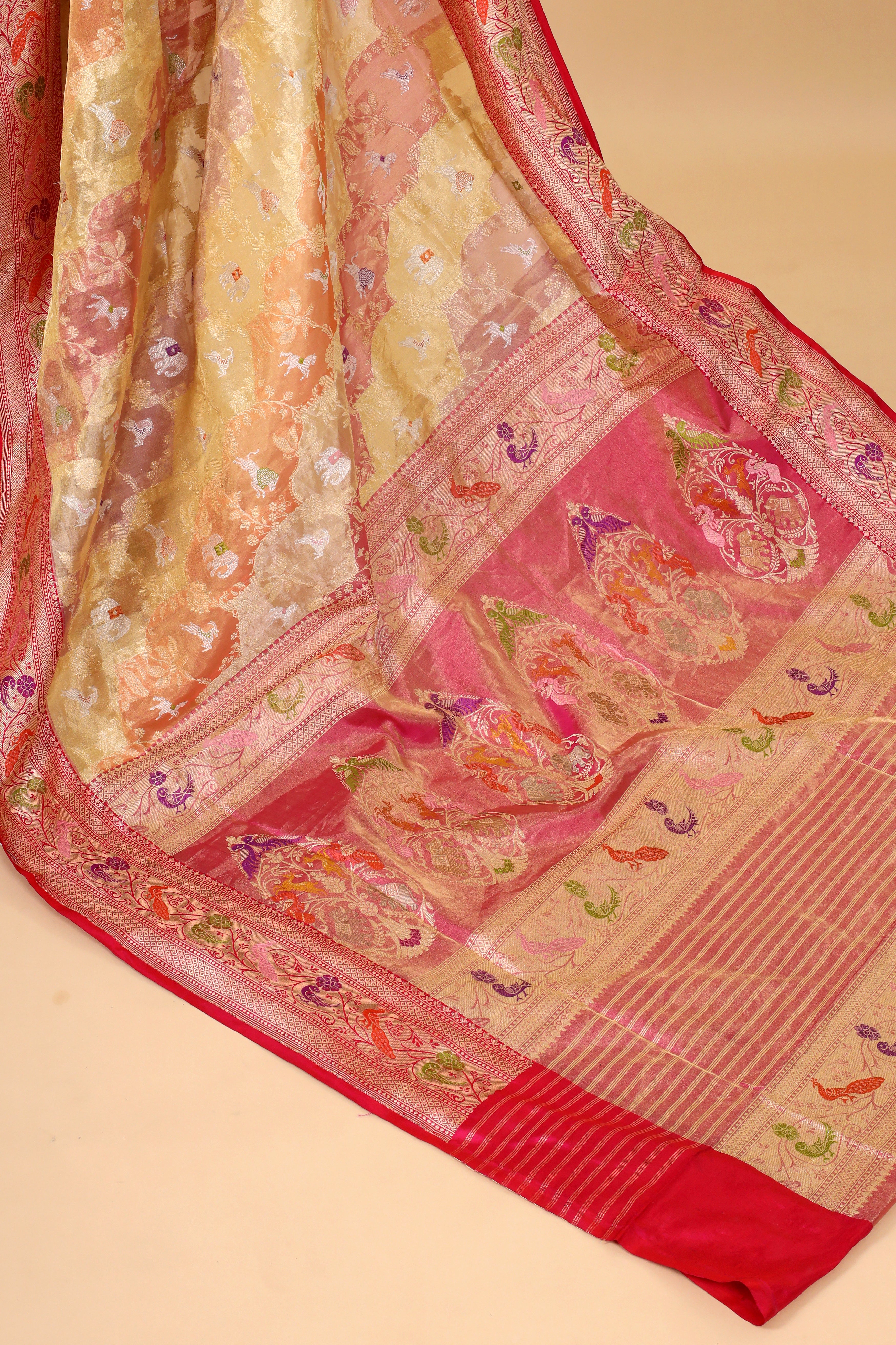 Gold Shikarghah Meenakari Handwoven Pure Banarasi Tissue Silk Saree