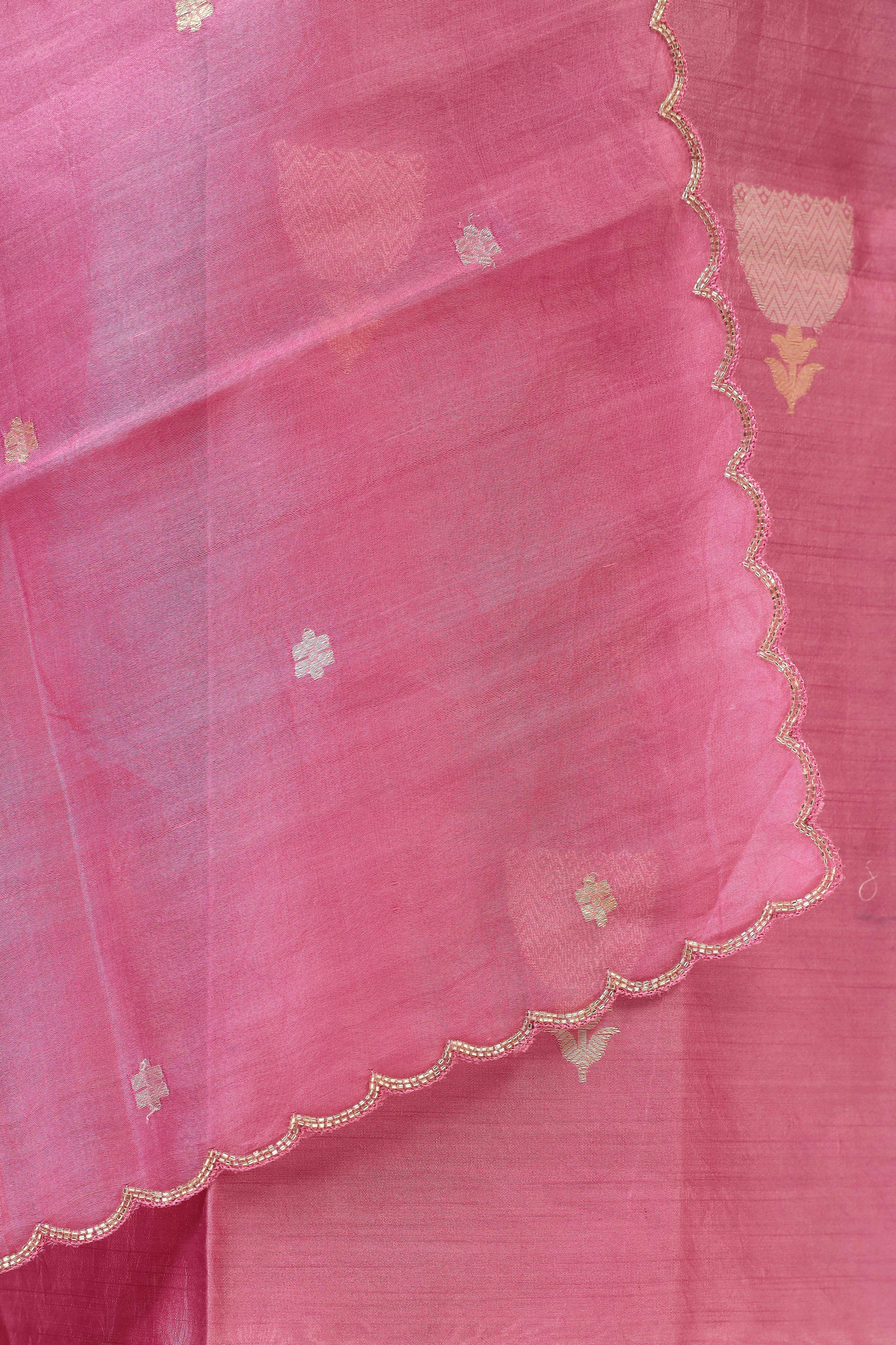 Rose Pink Chiniya Silk Suit Set With Hand Work Organza Dupatta