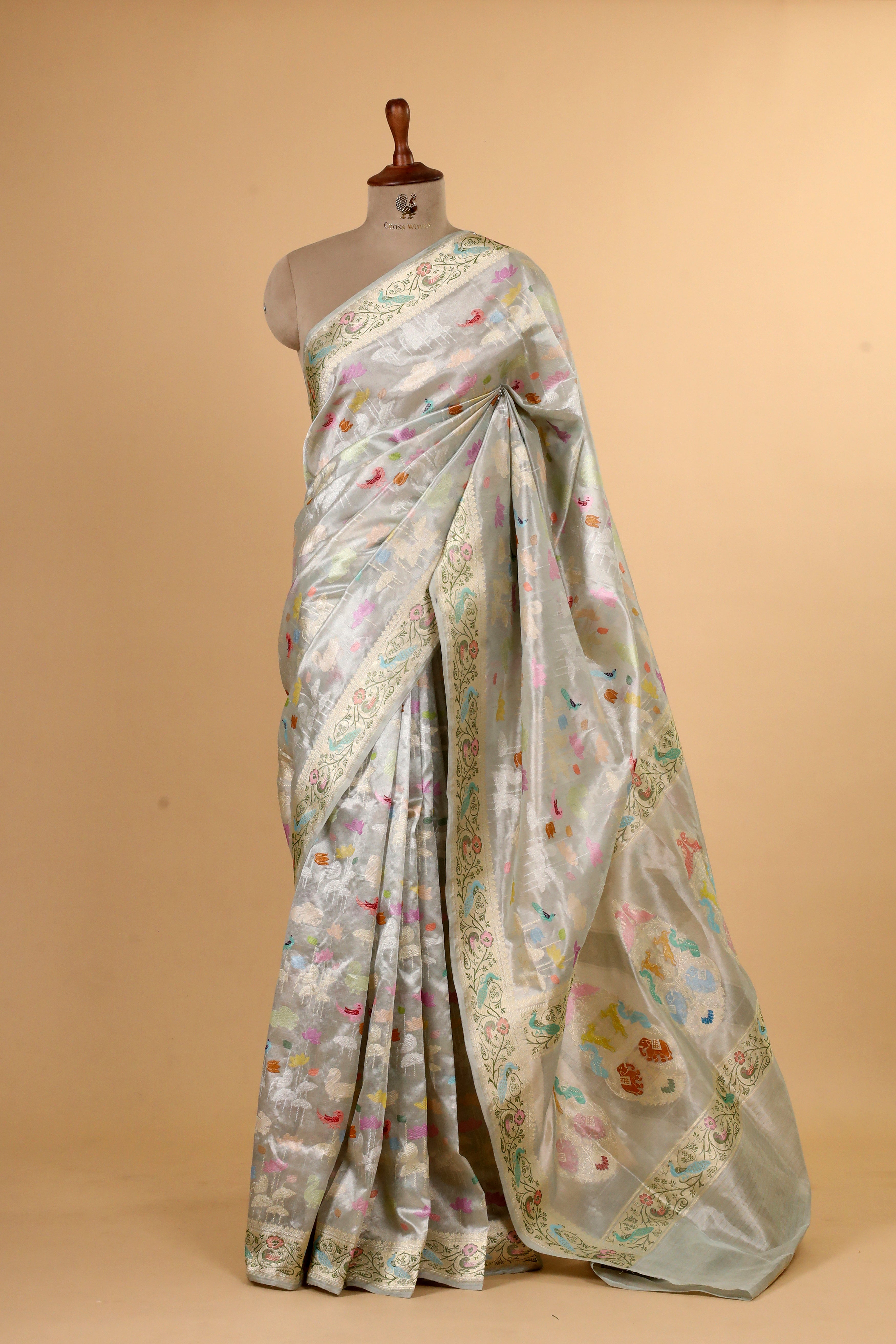 Silver Shikarghah Meenakari Handwoven Pure Banarasi Tissue Silk Saree