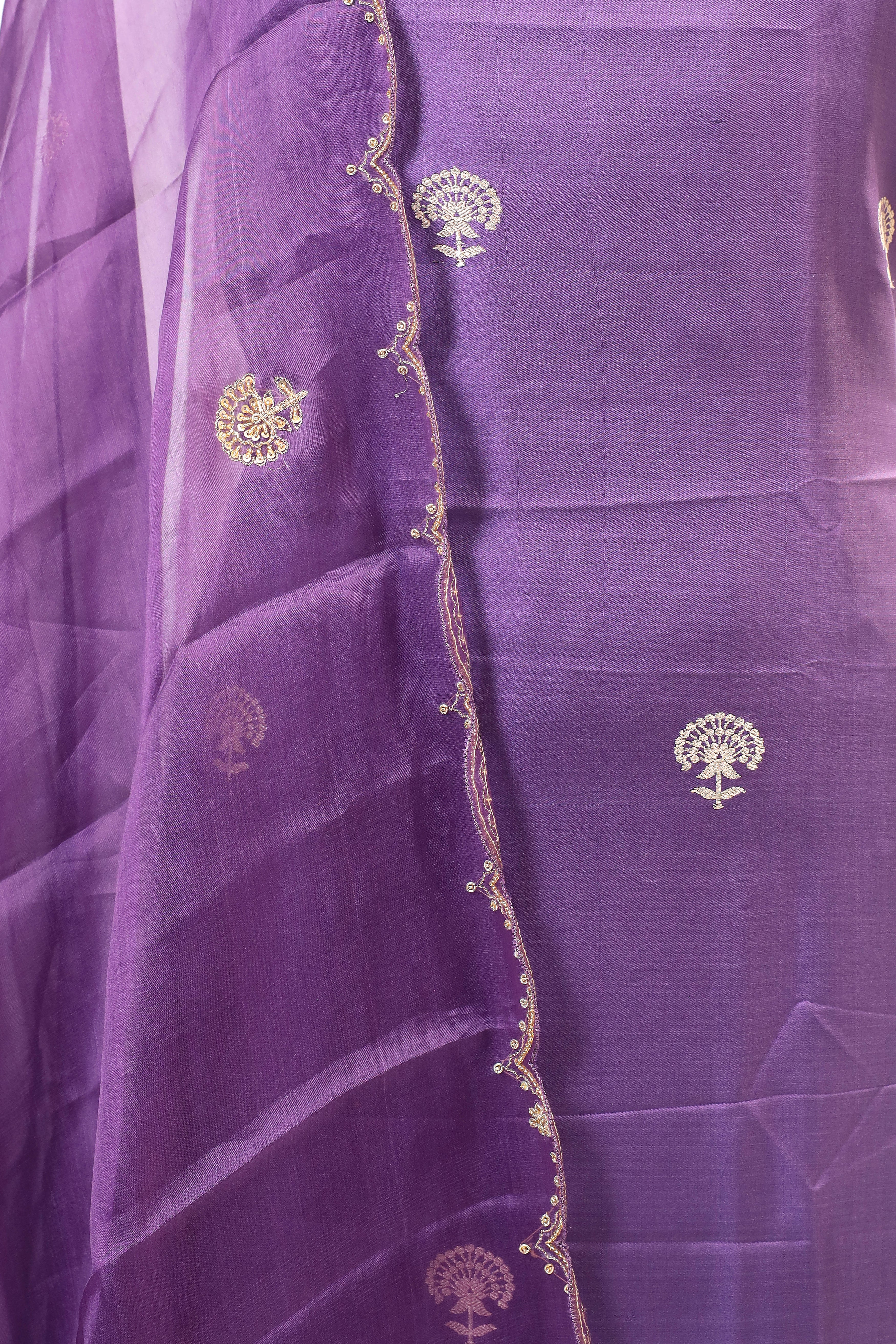Purple Chiniya Silk Suit Set With Hand Work Organza Dupatta