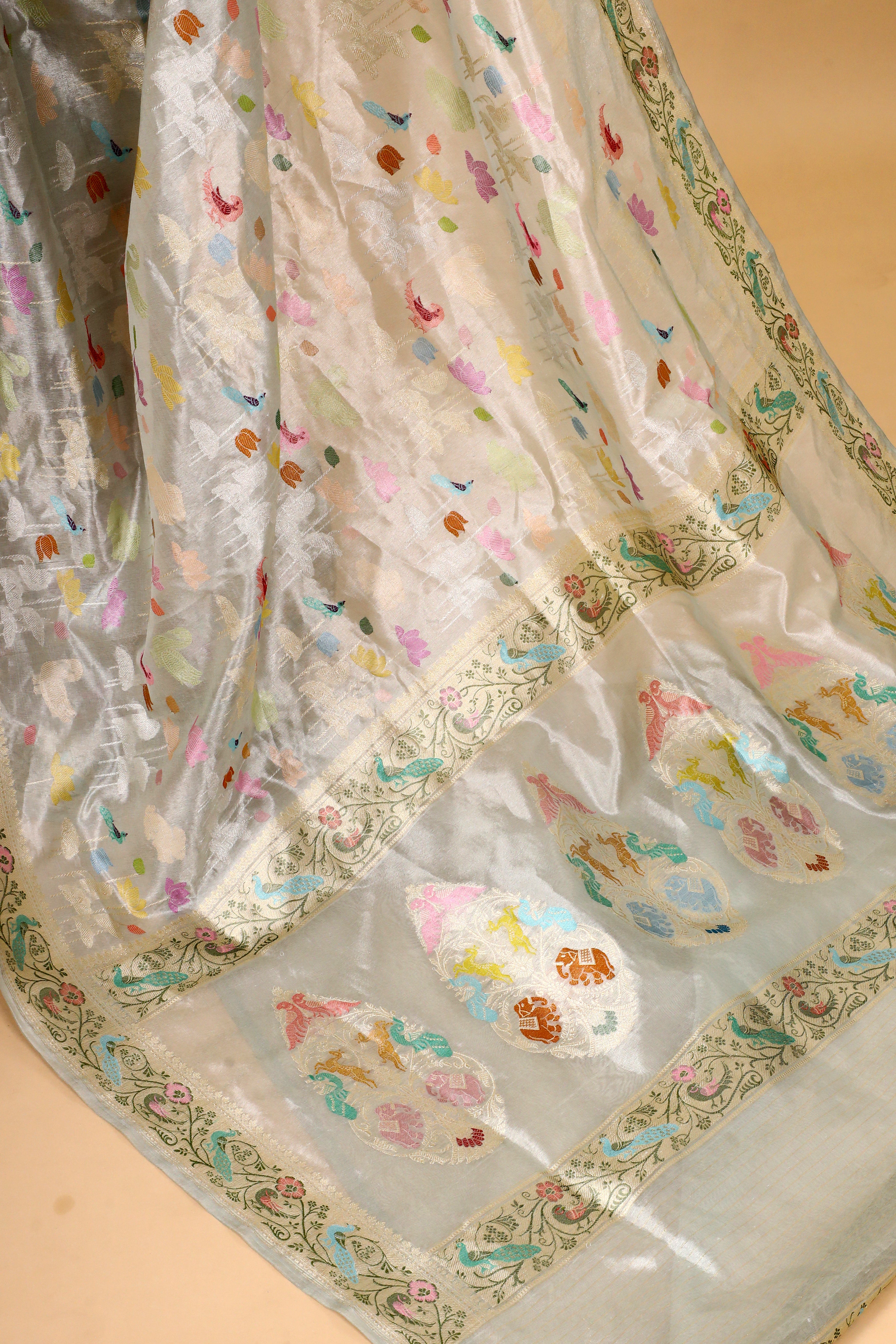 Silver Shikarghah Meenakari Handwoven Pure Banarasi Tissue Silk Saree
