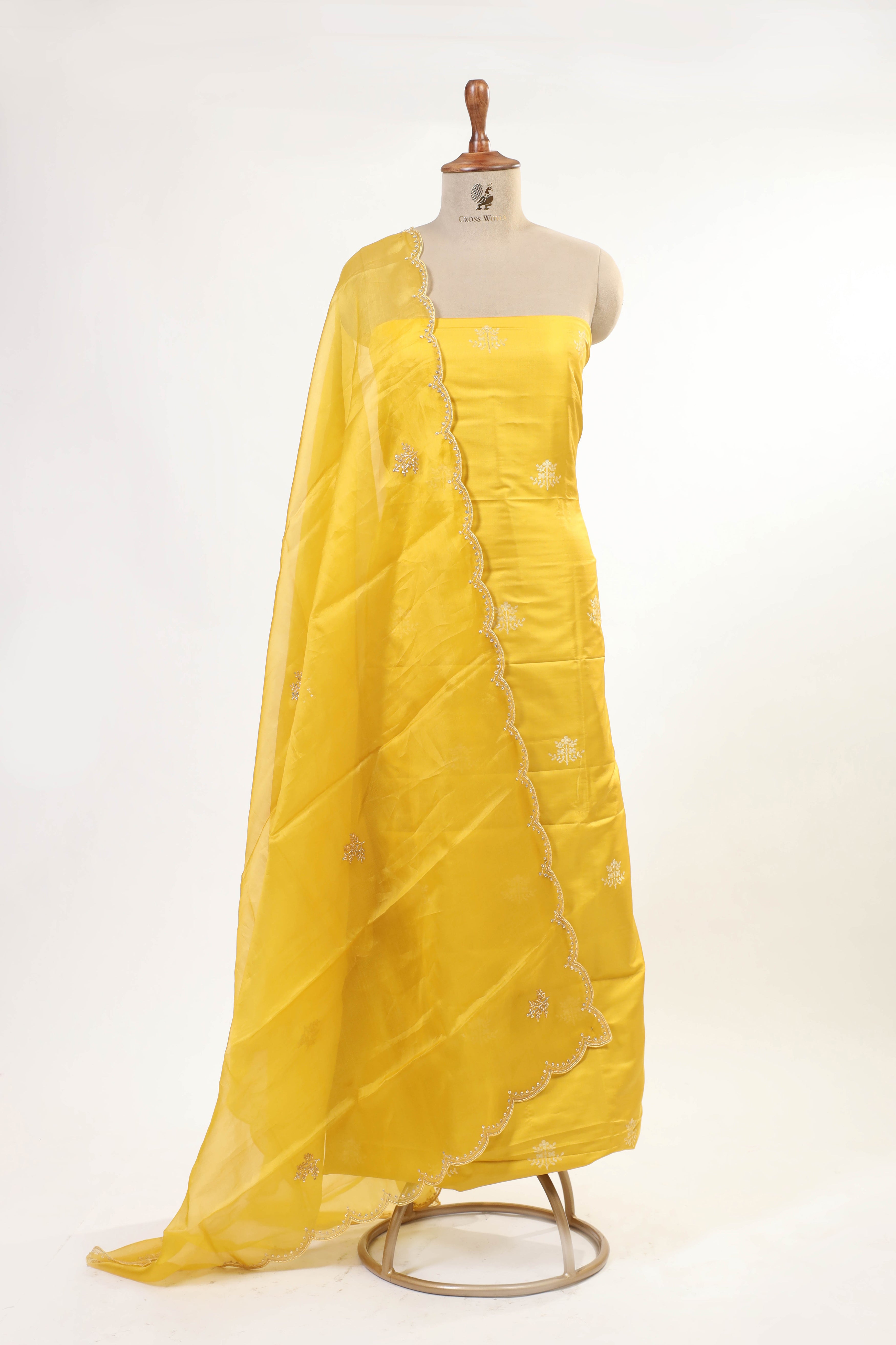 Yellow Chiniya Silk Suit Set With Hand Work Organza Dupatta