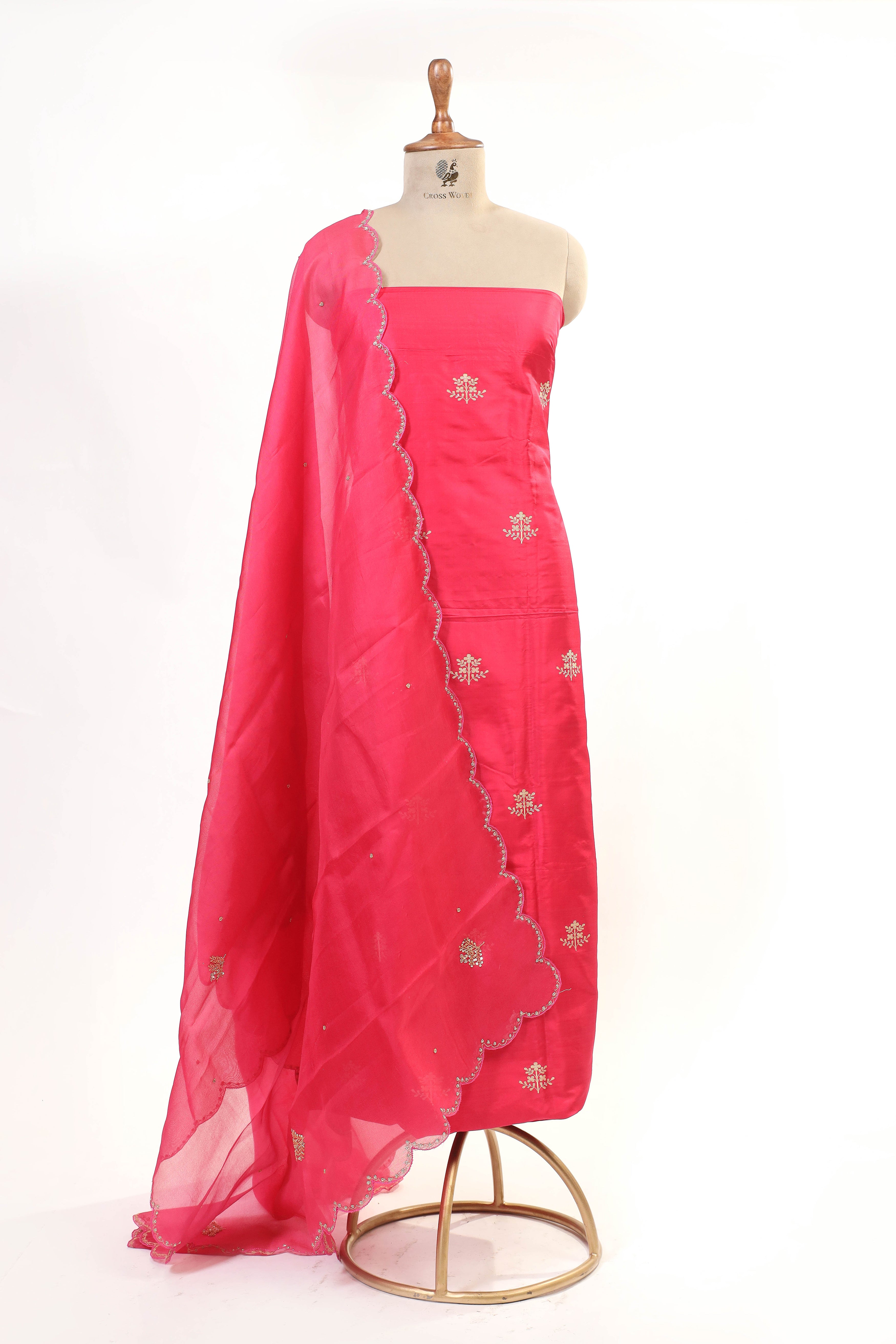 Bright Pink Chiniya Silk Suit Set With Hand Work Organza Dupatta